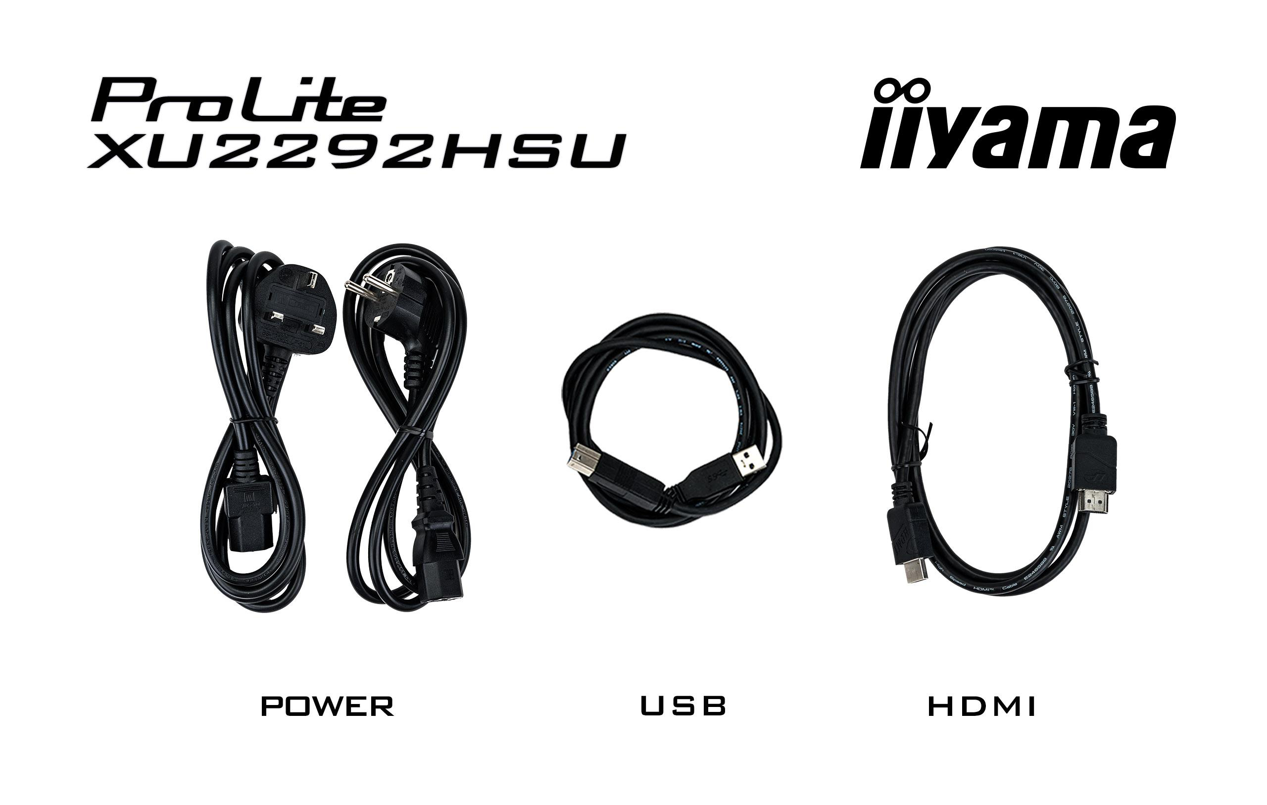 Strom-, USB- und HDMI-Kabel mit Etiketten auf weißem Hintergrund.