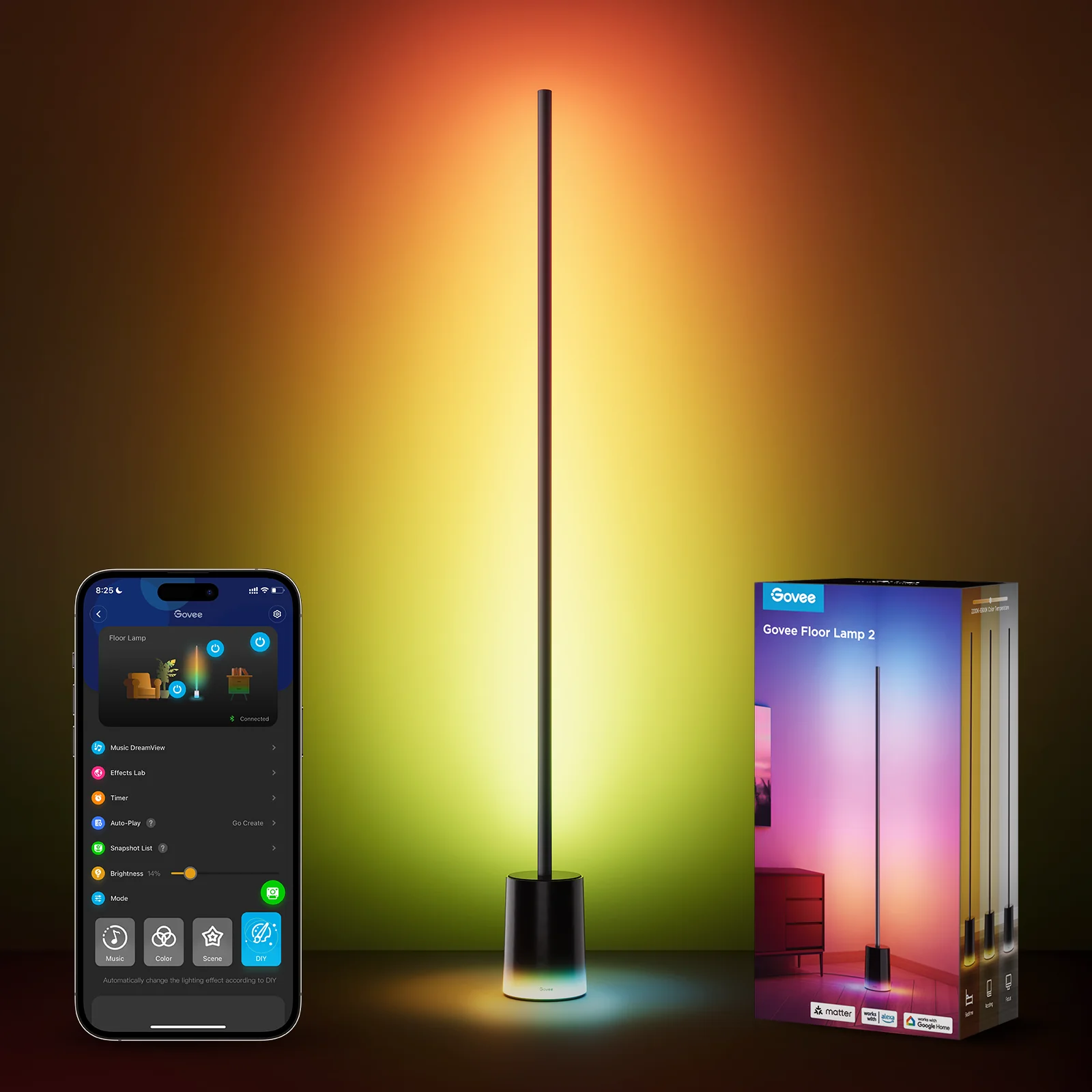 Eine hohe, schlanke, beleuchtete LED-Stehleuchte mit Smartphone und Verpackung in der Szene.
