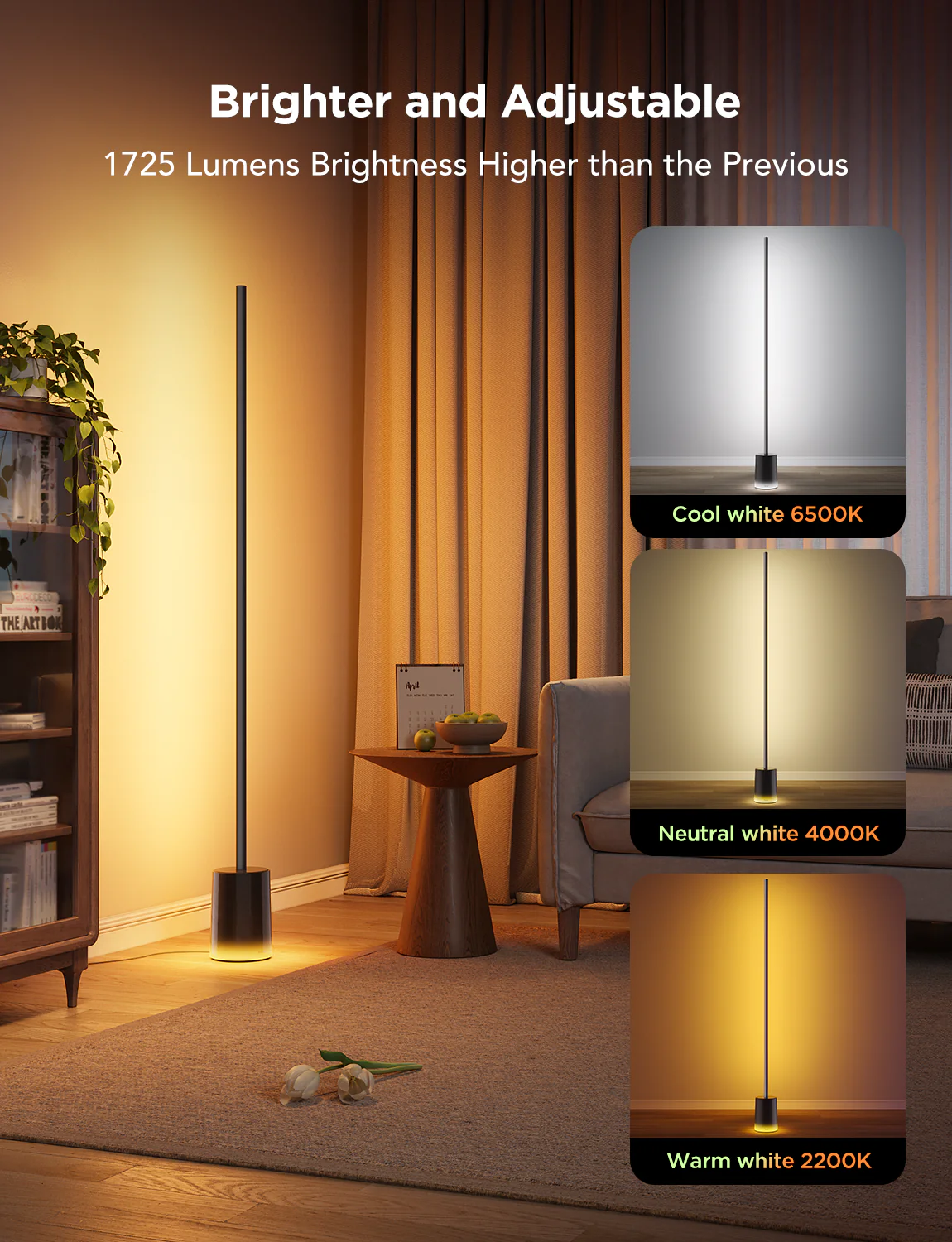 Eine hohe, schwarze Stehlampe mit hellem Licht, mit Optionen für weiße Farben.