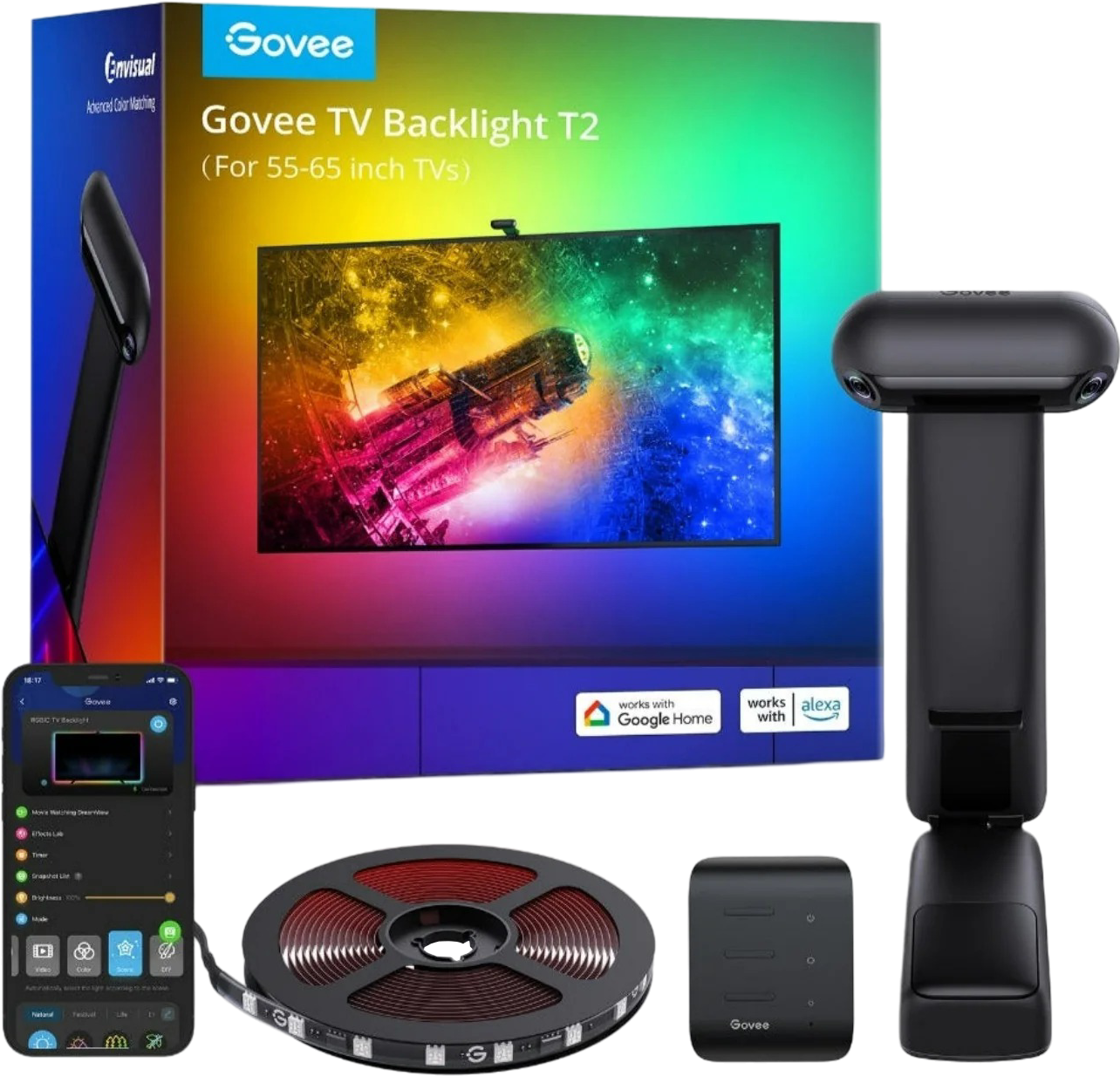 Govee TV-Hintergrundbeleuchtungs-Kit mit einem Fernseher auf der Box. Enthält LED-Streifen, Steuerbox und Kamera.