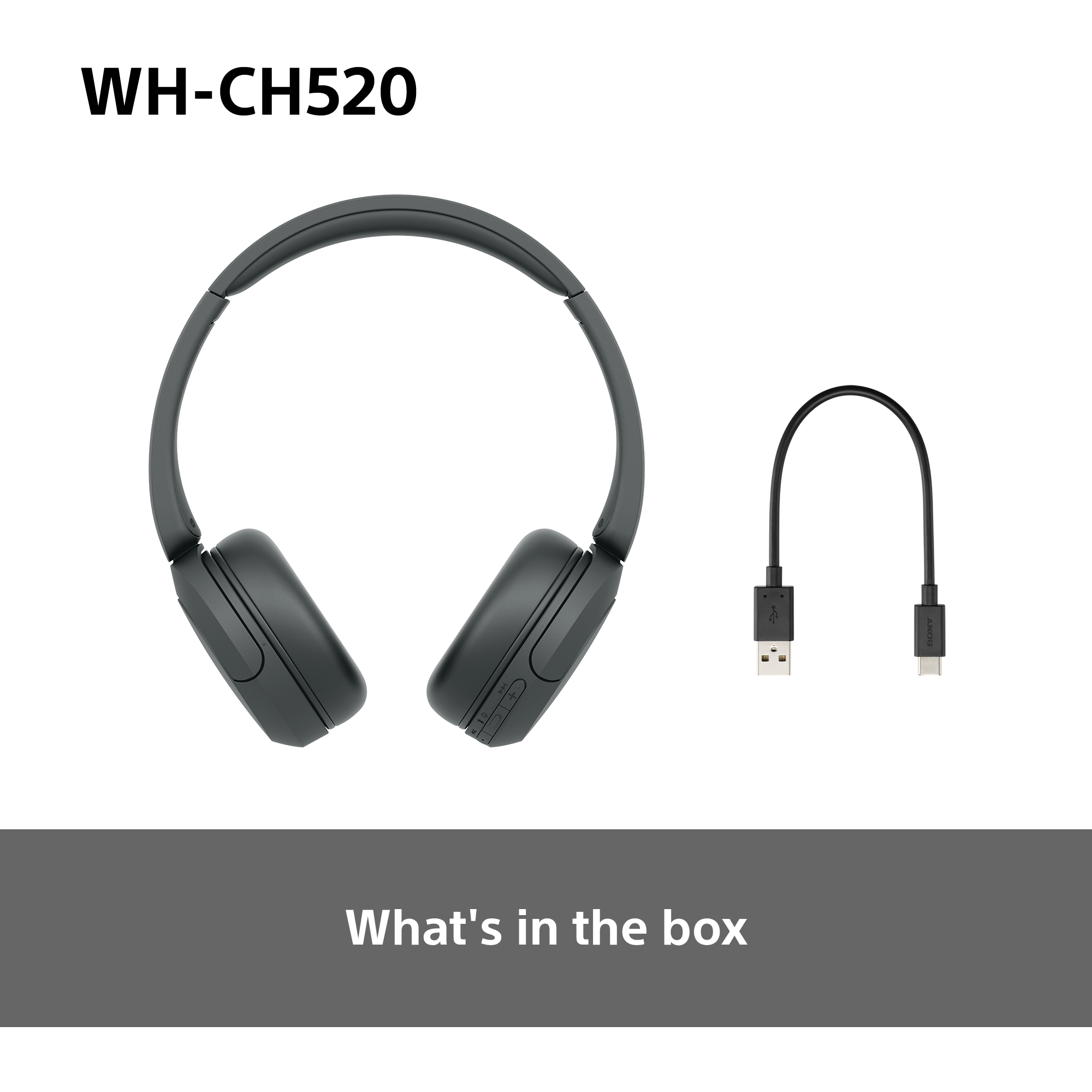 Cuffie grigie con cavo e testo WH-CH520. La scatola dice: Cosa c'è nella scatola.