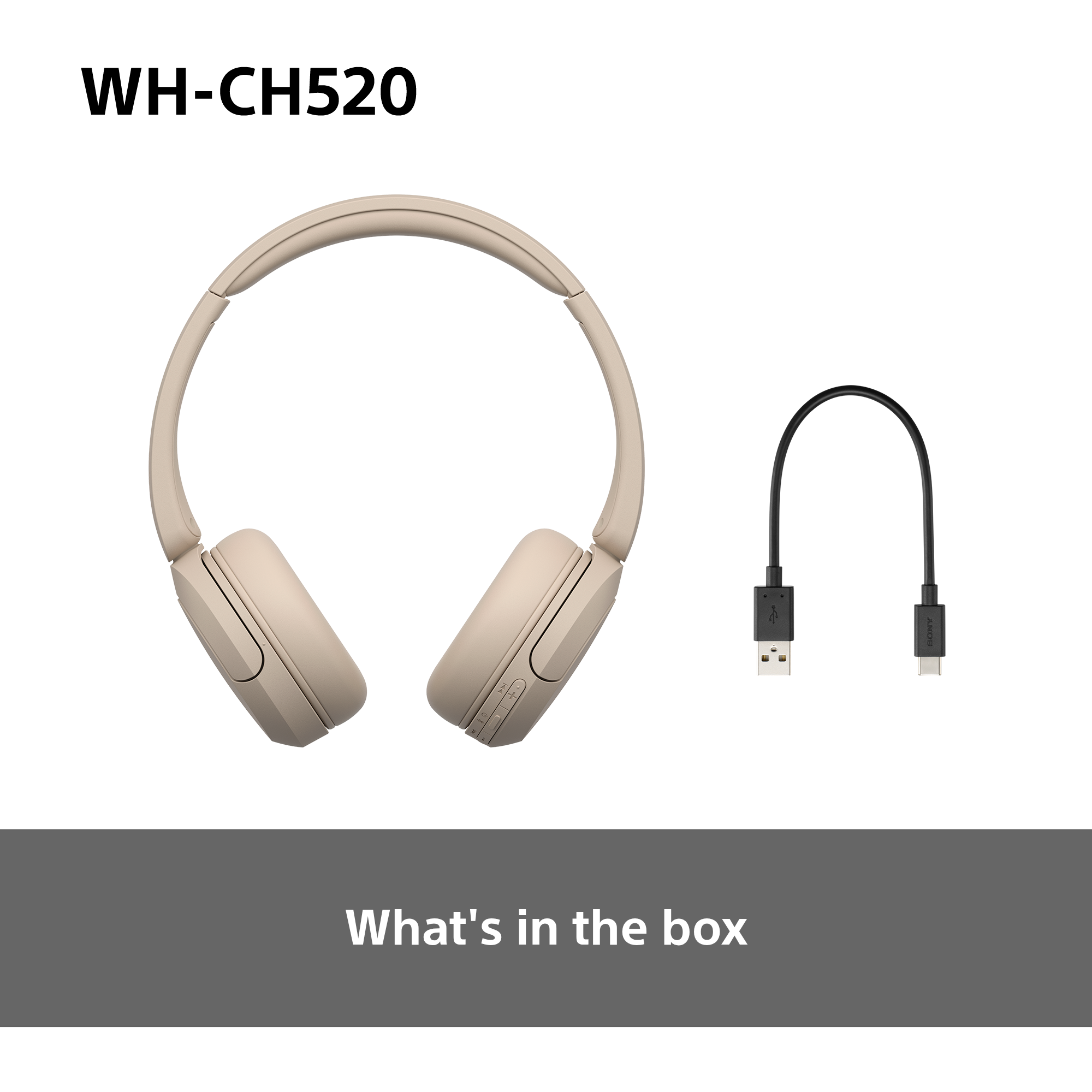 Cuffie beige e un cavo di ricarica, con l'etichetta 'What's in the box'.