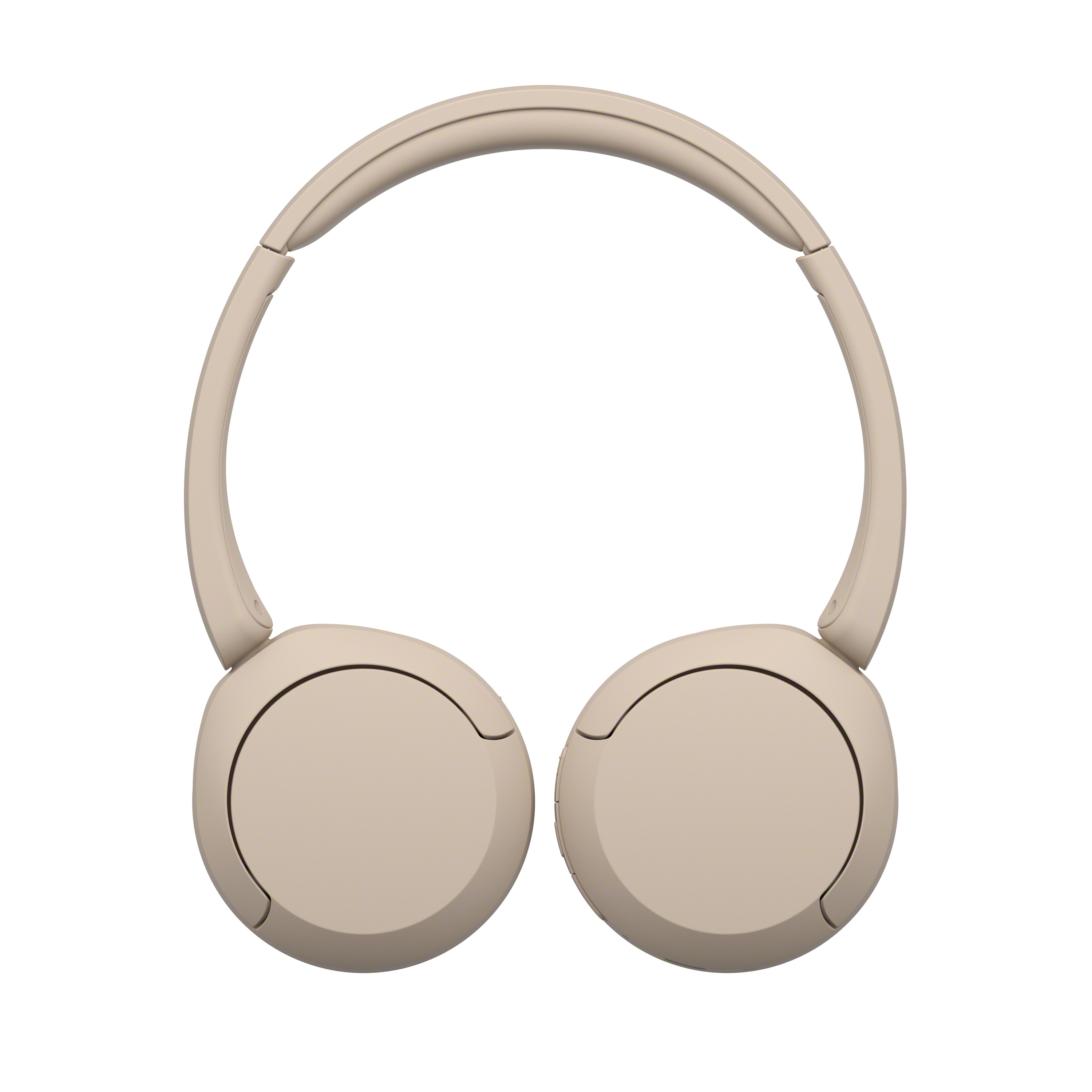 Cuffie beige, vista dall'alto, con un design arrotondato.