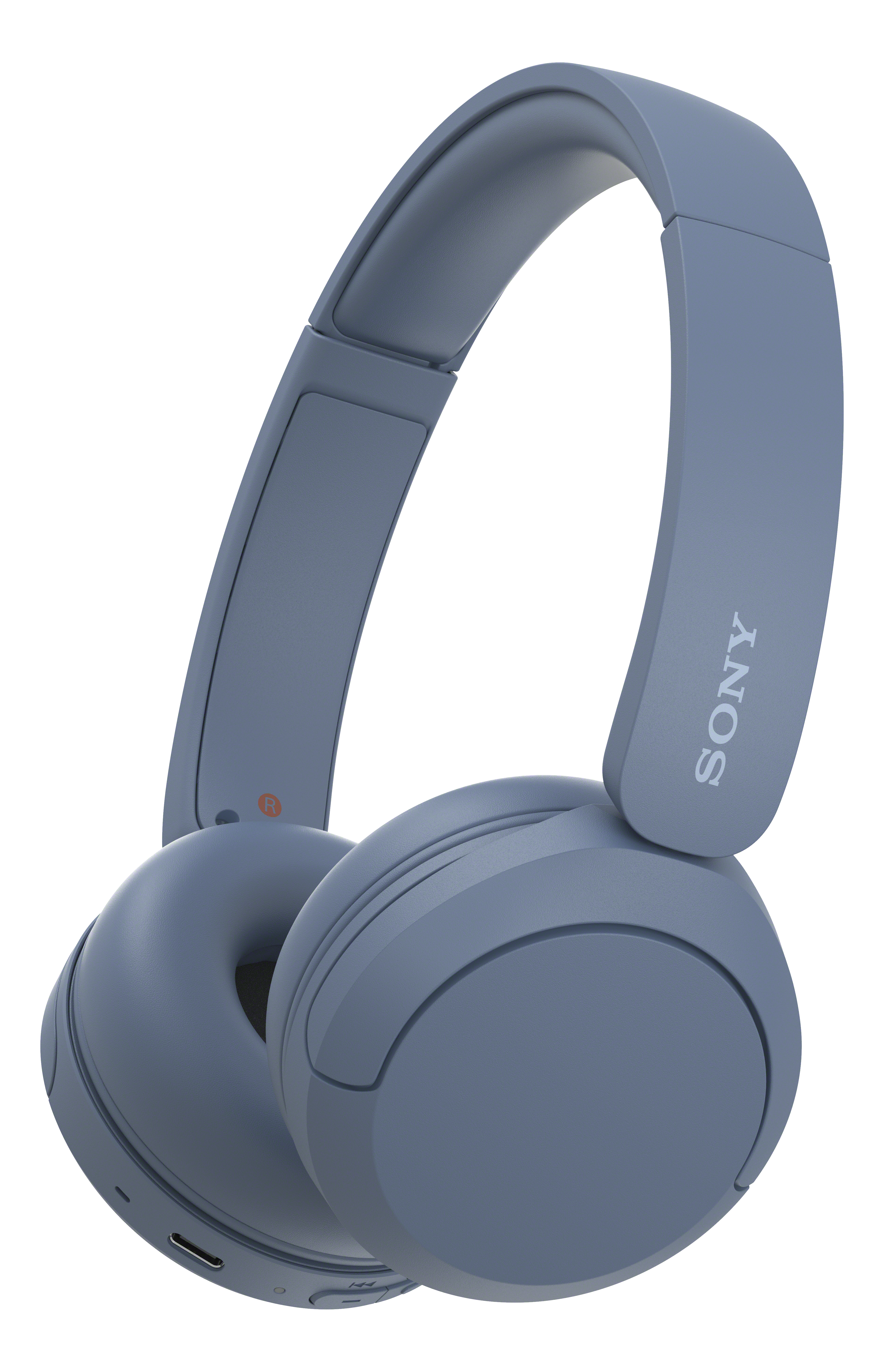 Blaue Sony-Kopfhörer auf weißem Hintergrund, die das Band und die Ohrmuscheln zeigen.