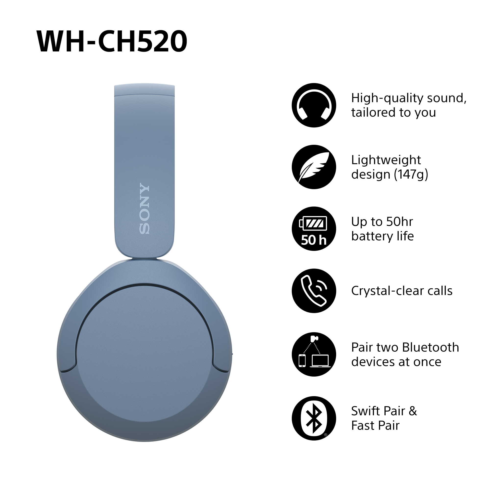 Blaue Sony WH-CH520 Kopfhörer mit aufgelisteten Funktionen. Weißer Hintergrund, klares Produktfoto.