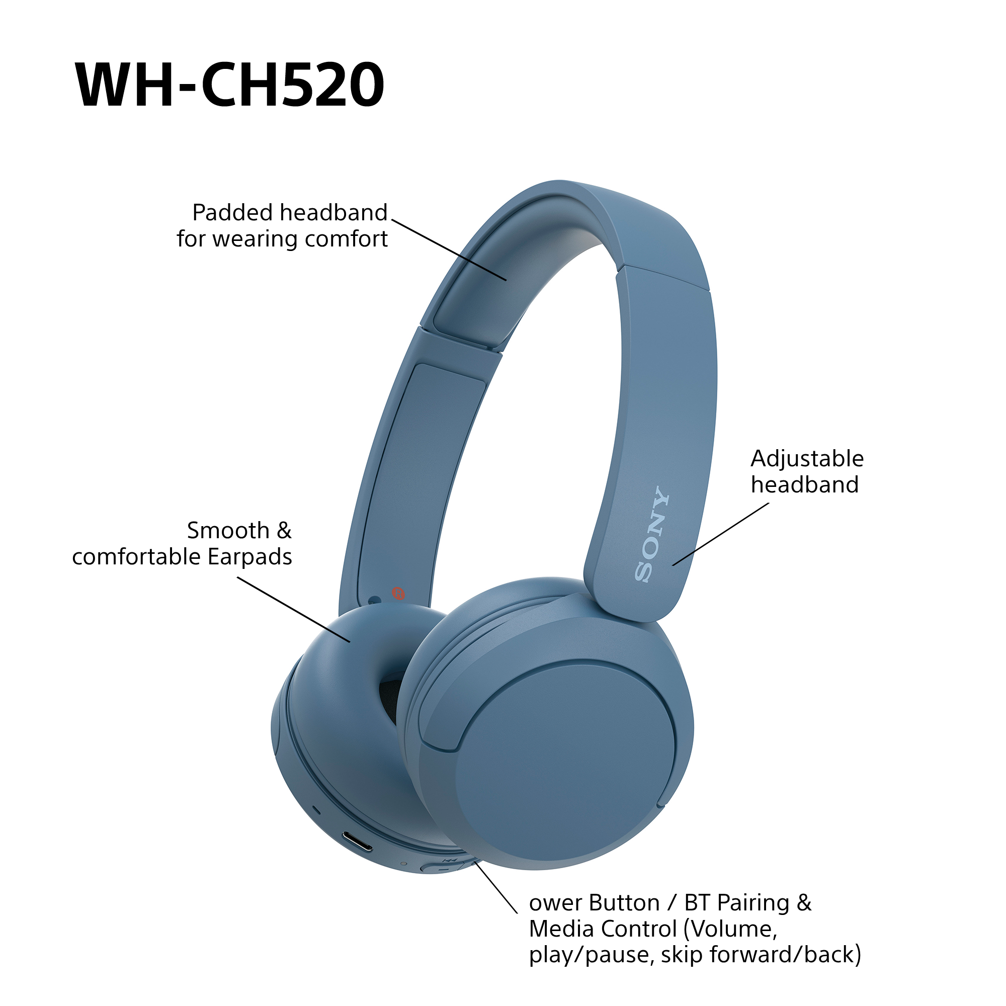 Blaue Sony-Kopfhörer mit Etiketten, die Funktionen zeigen: gepolstertes Kopfband, glatte Ohrmuscheln, verstellbares Kopfband.