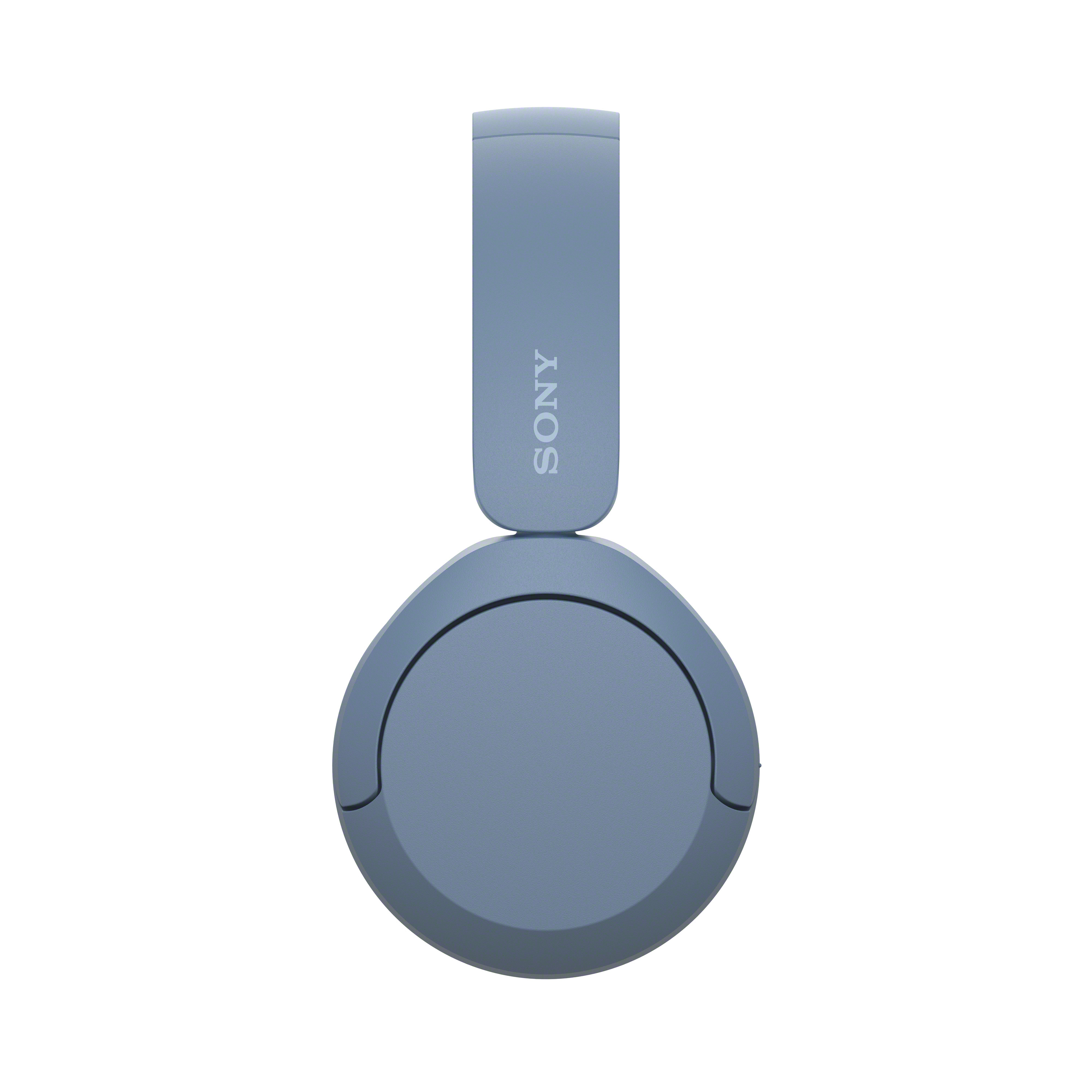 Blaue Sony-Kopfhörer, Draufsicht, mit dem Wort "SONY" auf dem Bügel.