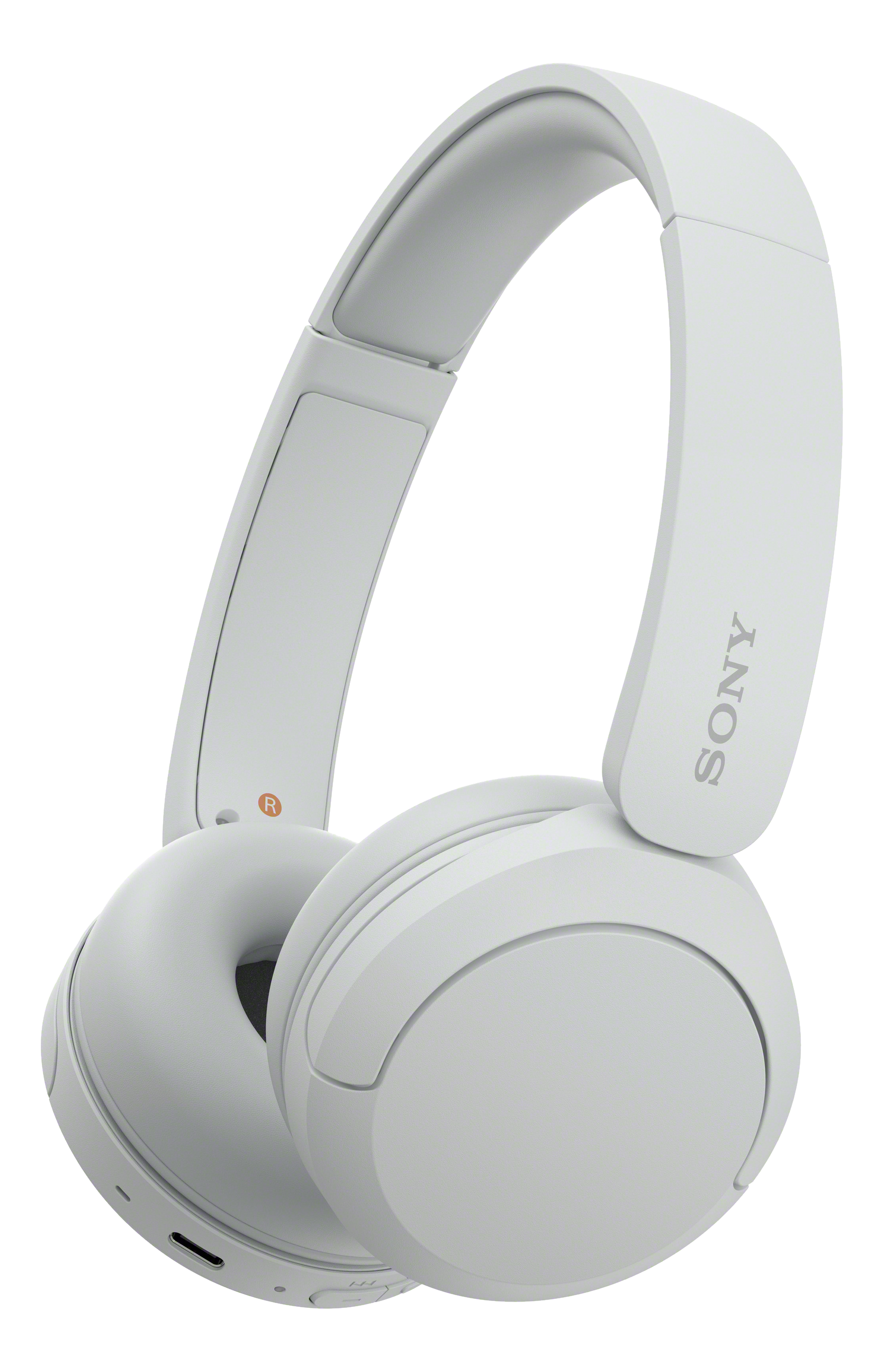 Weiße Sony-Kopfhörer. Sie haben ein abgerundetes Design. Das Sony-Logo ist sichtbar. Schwarzer Hintergrund.
