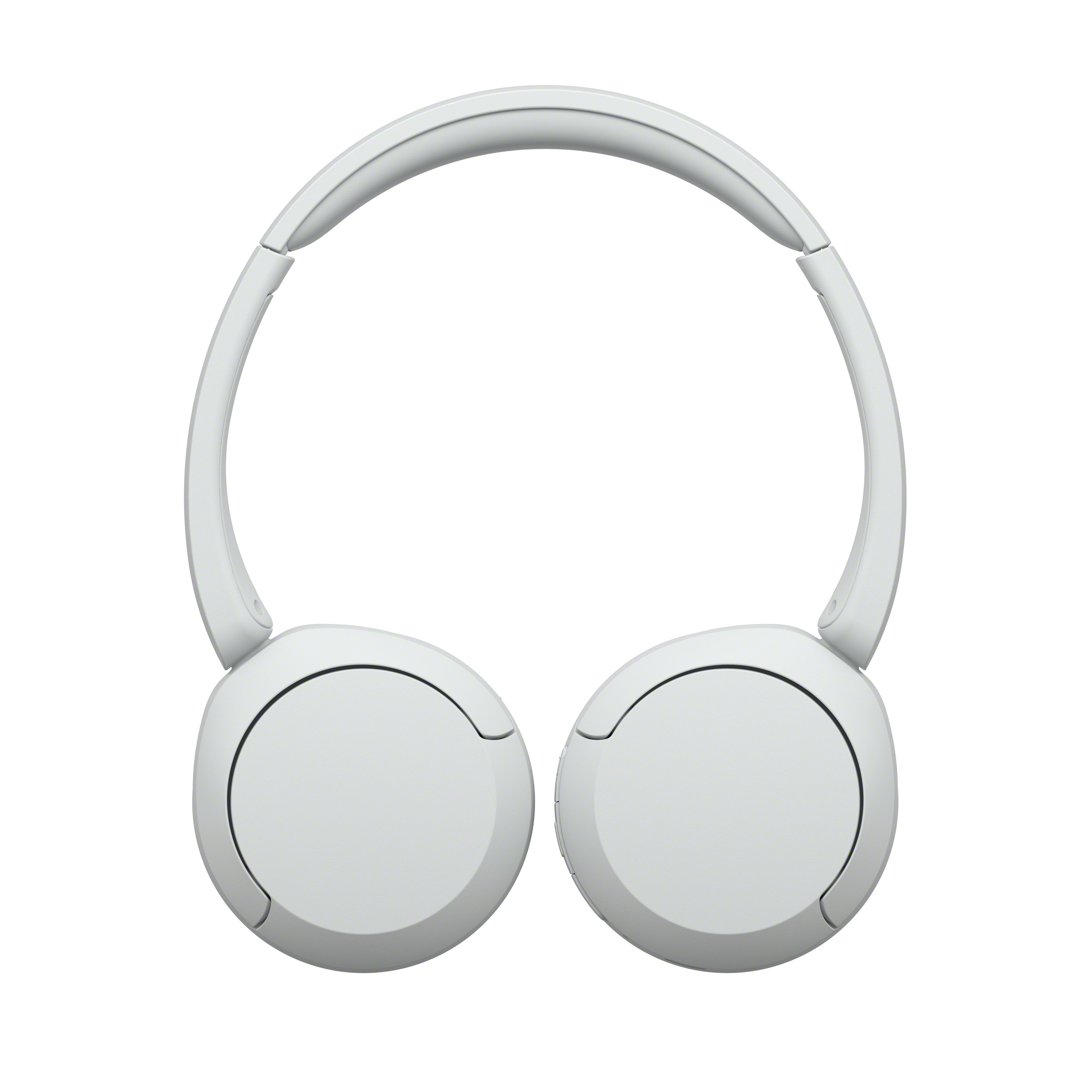 Weiße Kopfhörer mit minimalistischem Design. Die Ohrmuscheln sind rund.