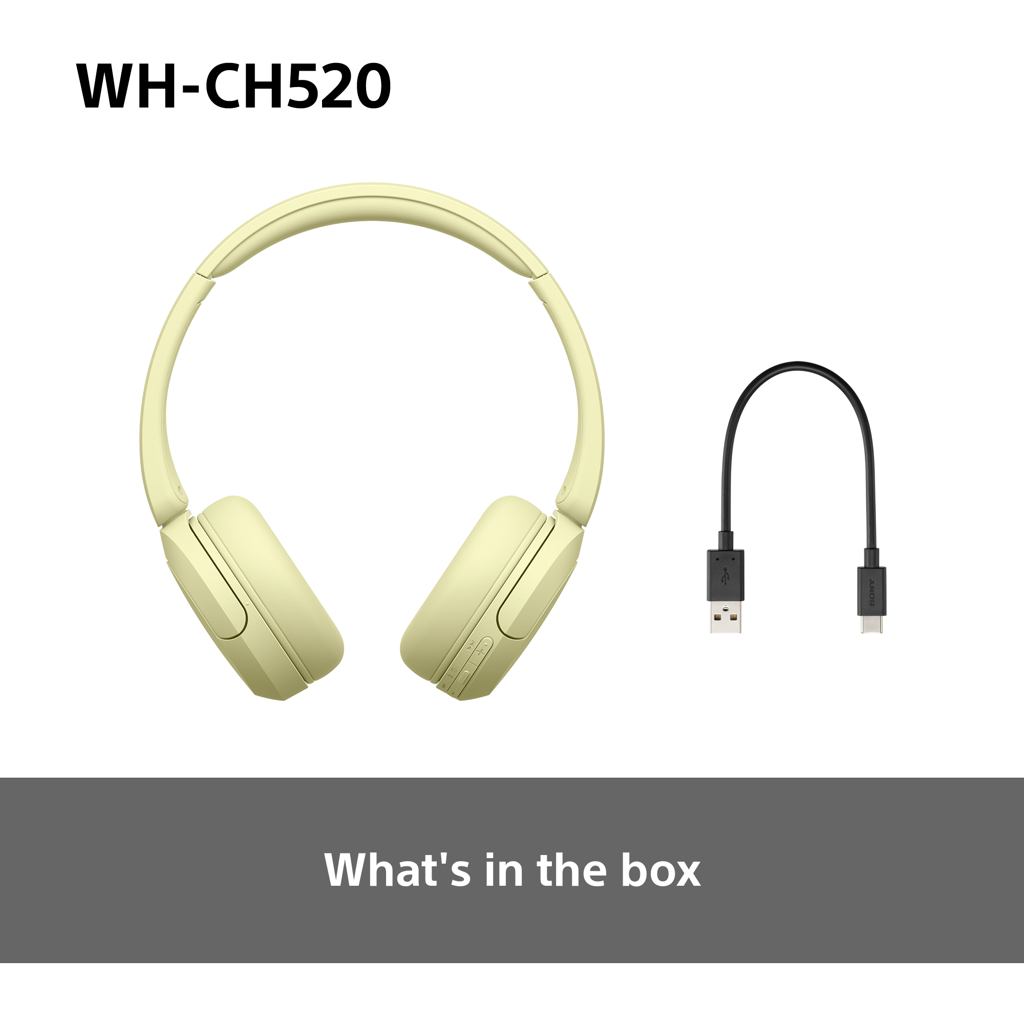 Casque jaune et un câble USB-C noir, sur fond blanc.