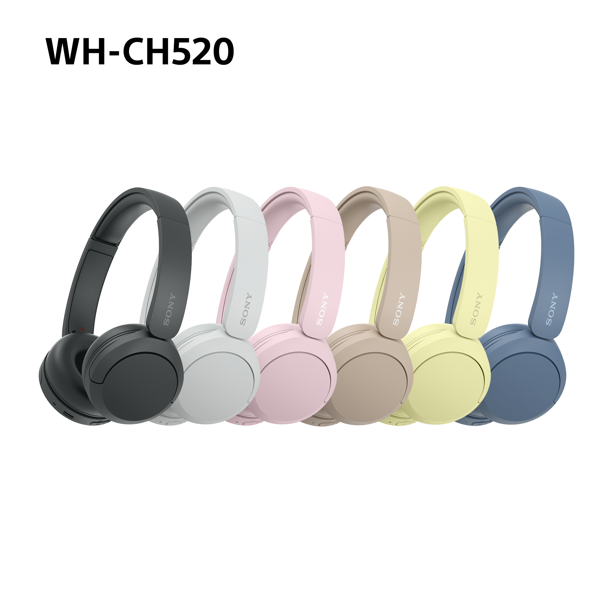 Six casques Sony WH-CH520. Couleurs : noir, blanc, rose, beige, jaune et bleu.