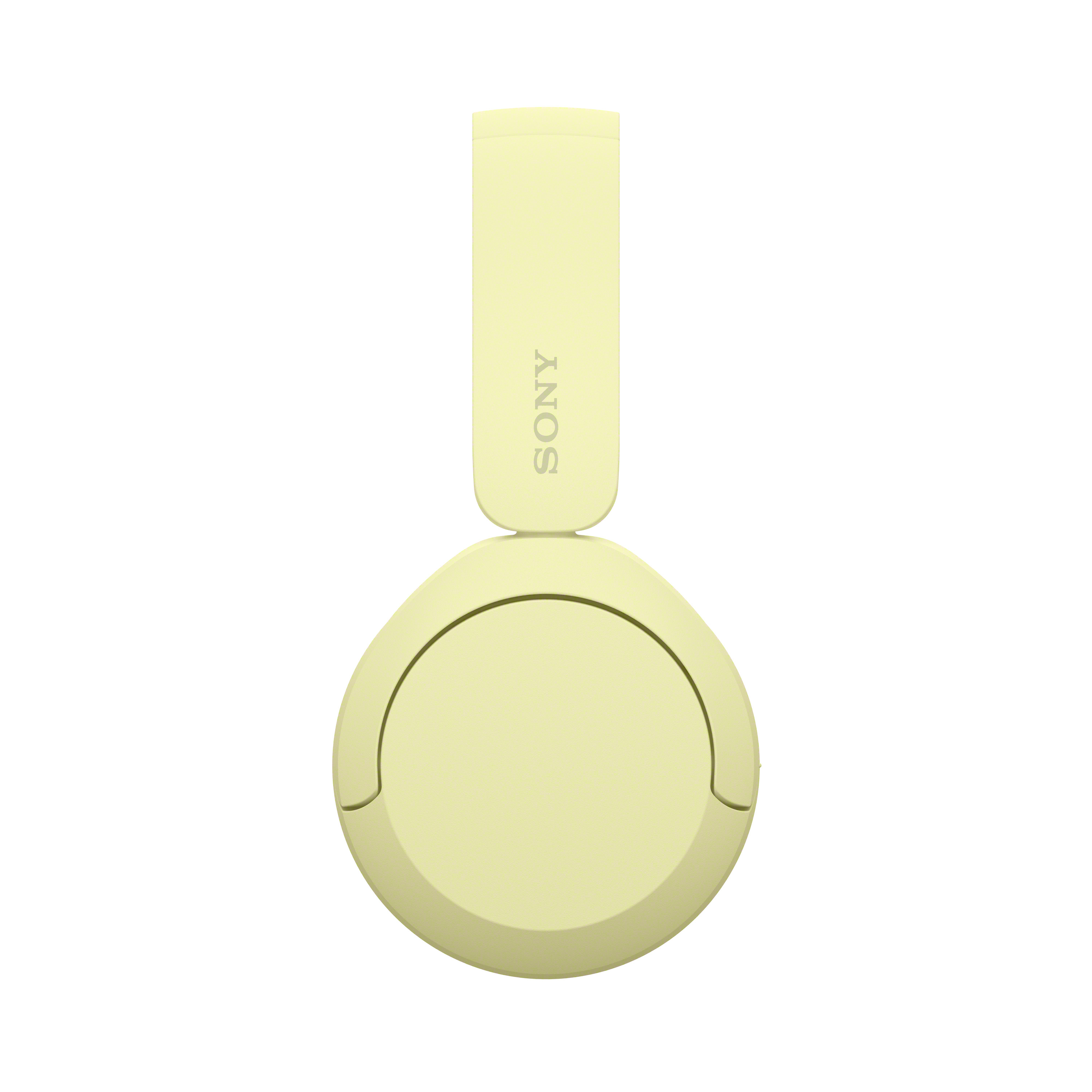 Casque jaune, vue de dessus, avec le nom de la marque visible.
