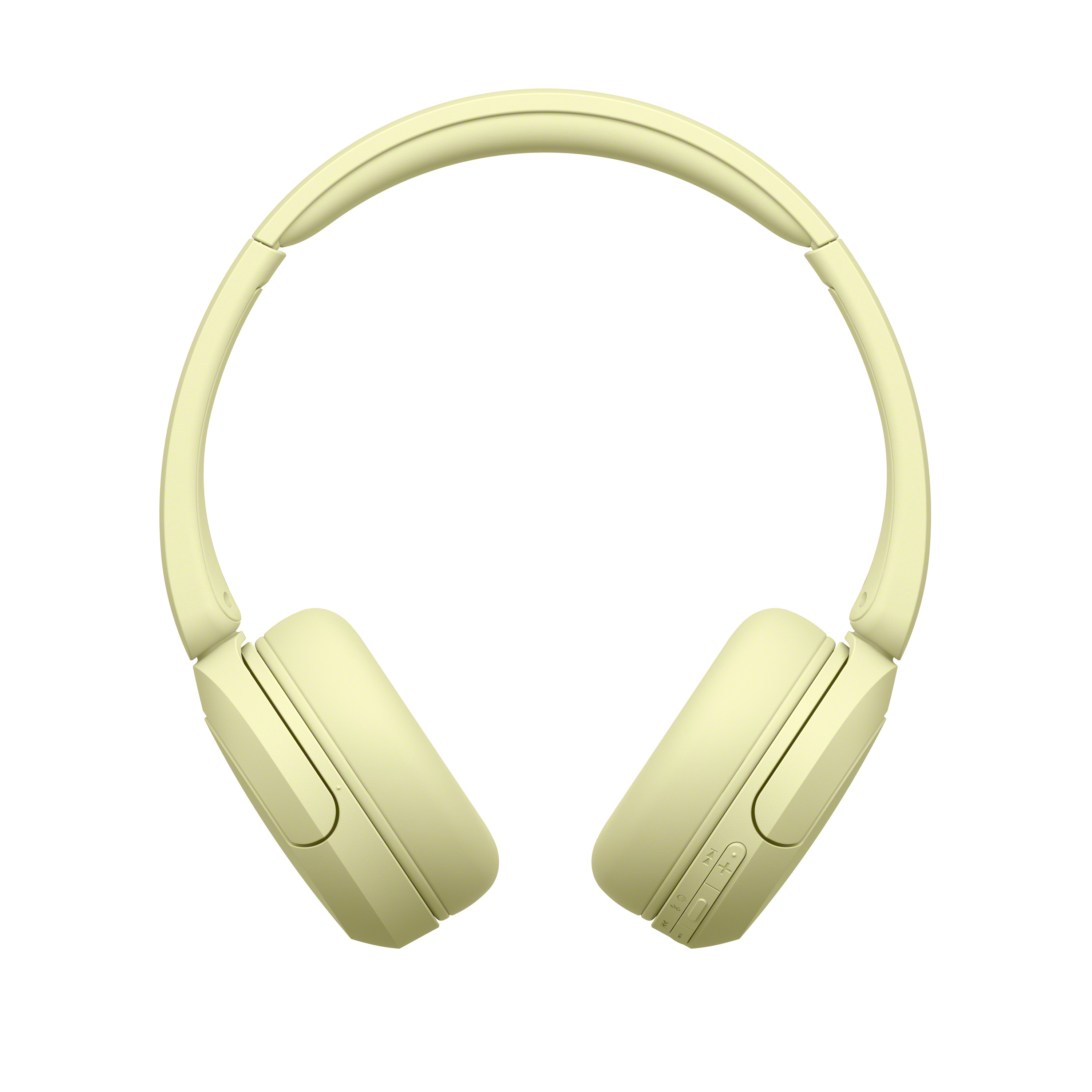 Casque jaune, vue de dessus, isolé sur fond blanc.