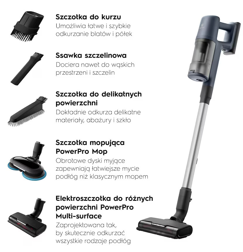 Odkurzacz z kilkoma przystawkami i szczegółowym opisem.