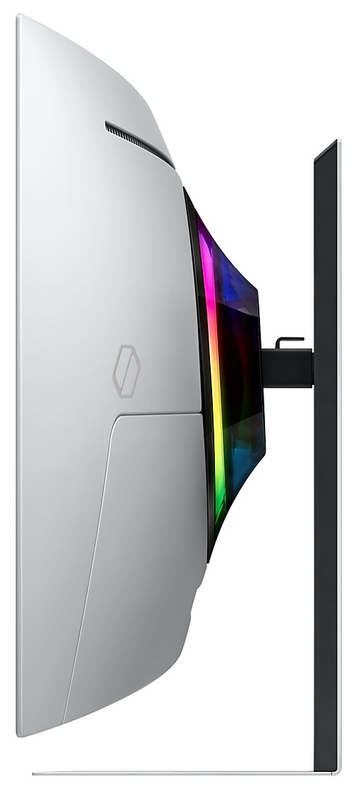 Biały zakrzywiony monitor z boku, z kolorową podświetlaną ramką.