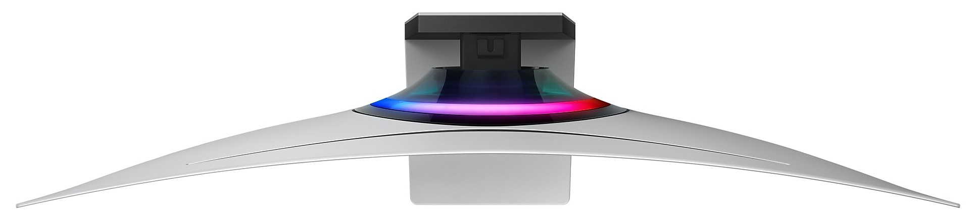 Podstawka monitora komputera z zakrzywionym designem i kolorowymi akcentami świetlnymi.