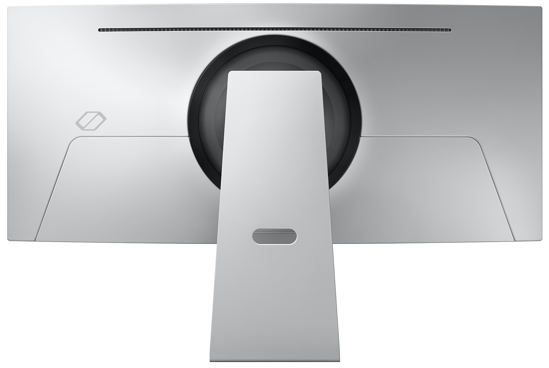 Tył srebrnego monitora komputerowego z czarną okrągłą sekcją i podstawką.