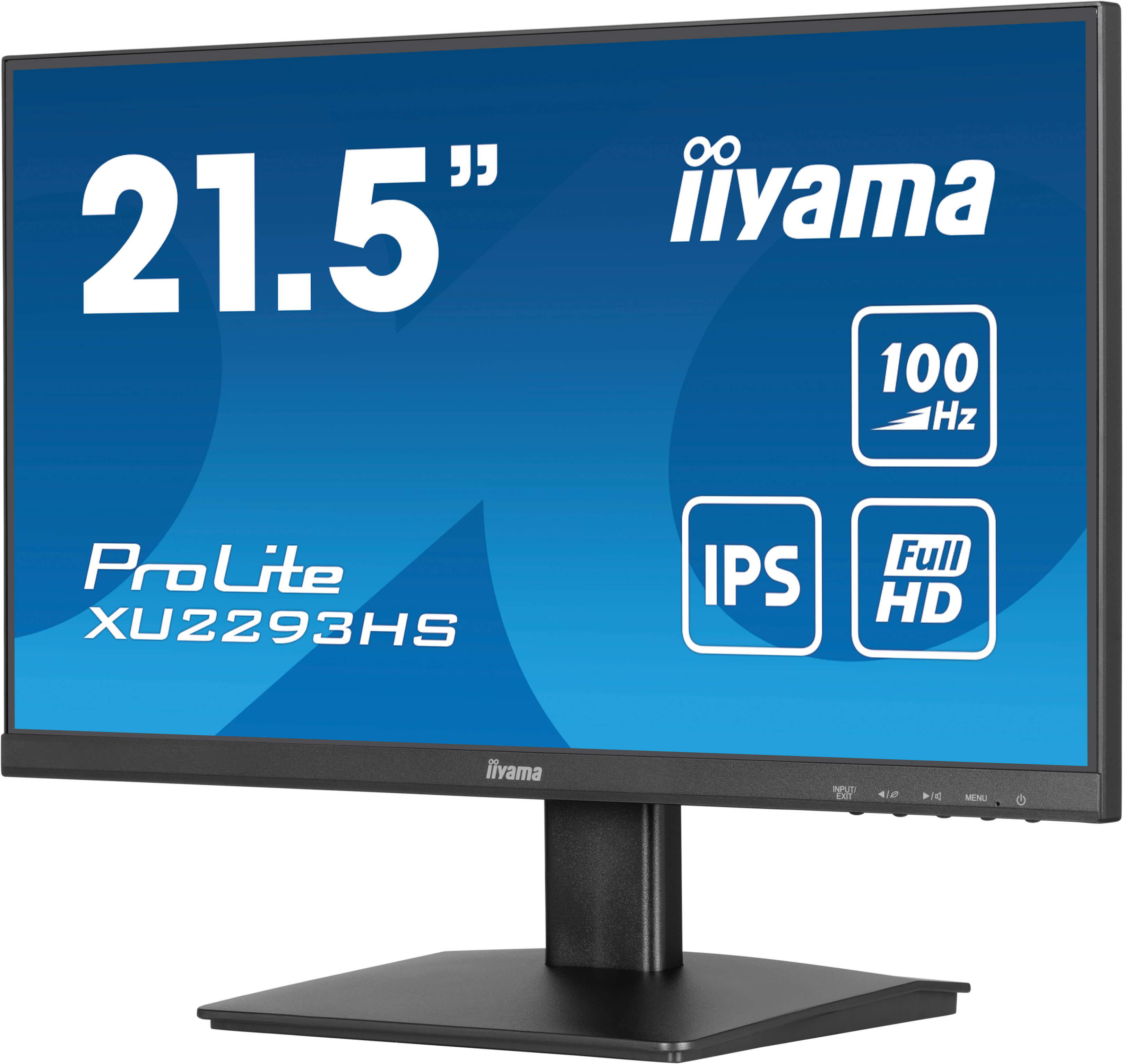 Schwarzer Computermonitor mit blauem Bildschirm zeigt Text: '21,5", iiyama, ProLite XU2293HS, 100 Hz, Full HD'.