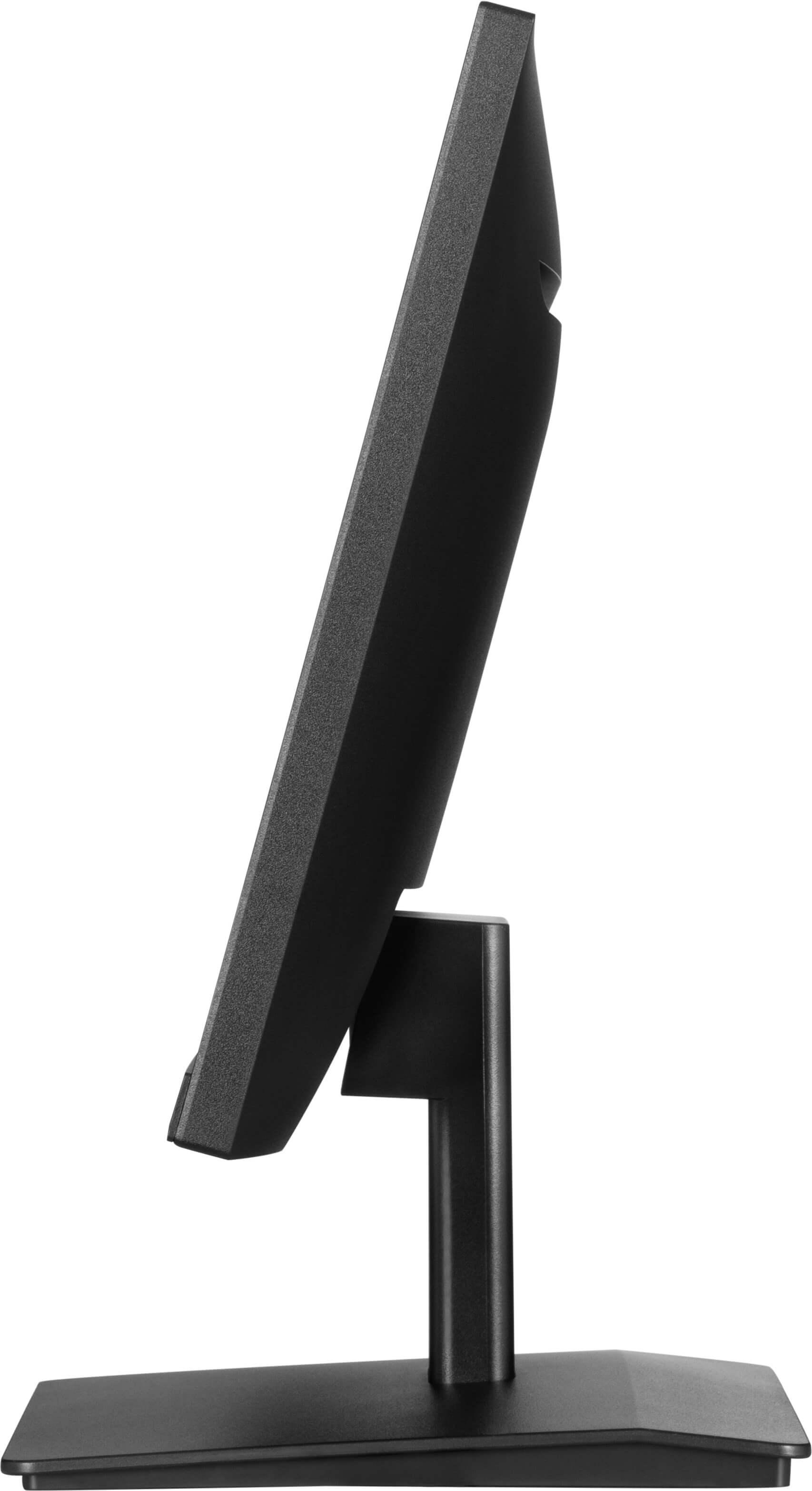 Schwarzer Computermonitor von der Seite, mit schwarzem Ständer und Fuß.