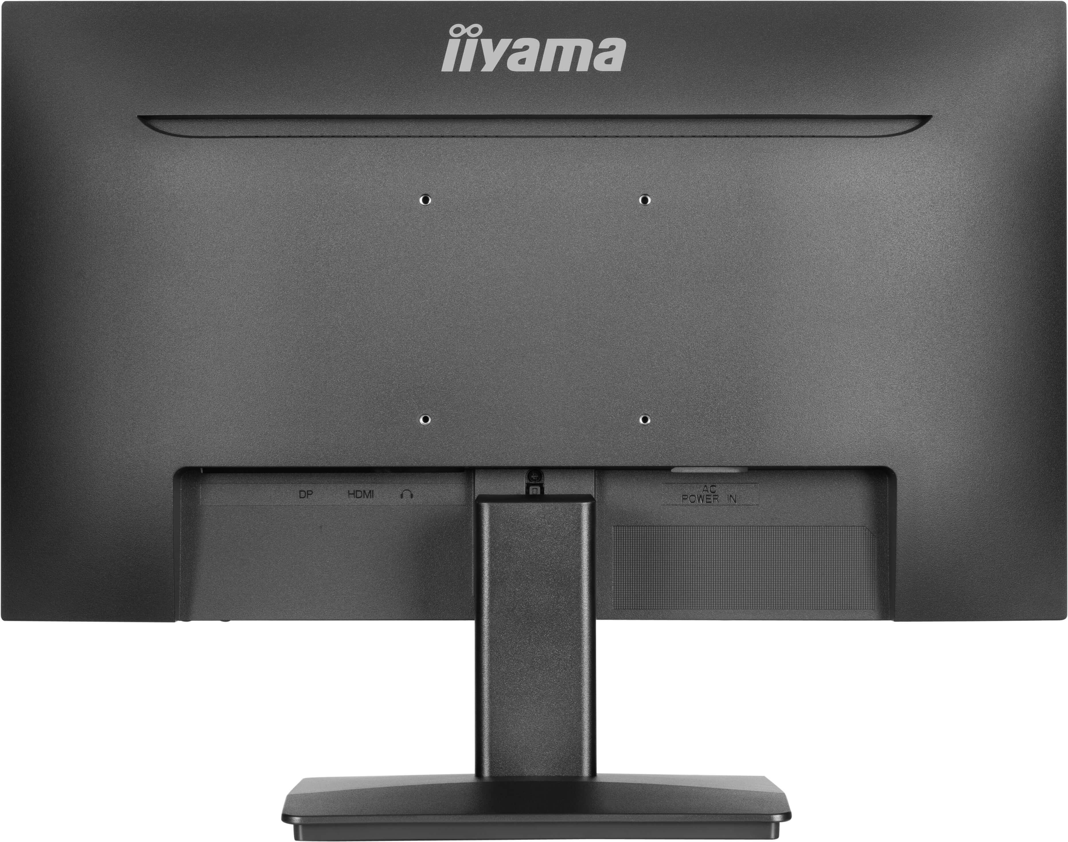 Rückansicht eines schwarzen Monitors. Enthält Markennamen, Eingänge und Halterung.