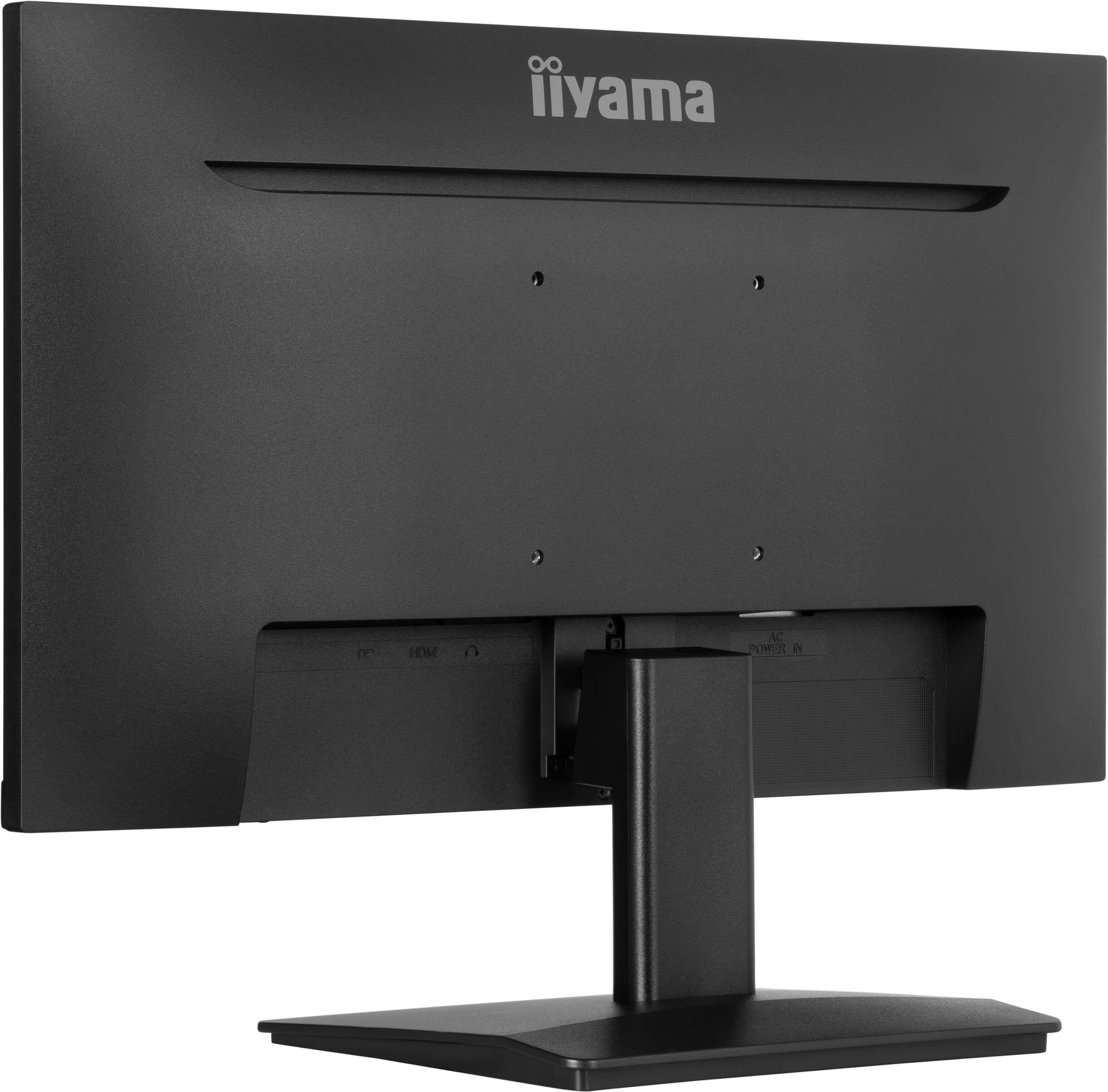 Ein schwarzer Computermonitor, Rückseite sichtbar, mit iiyama-Logo und verschiedenen Anschlüssen.