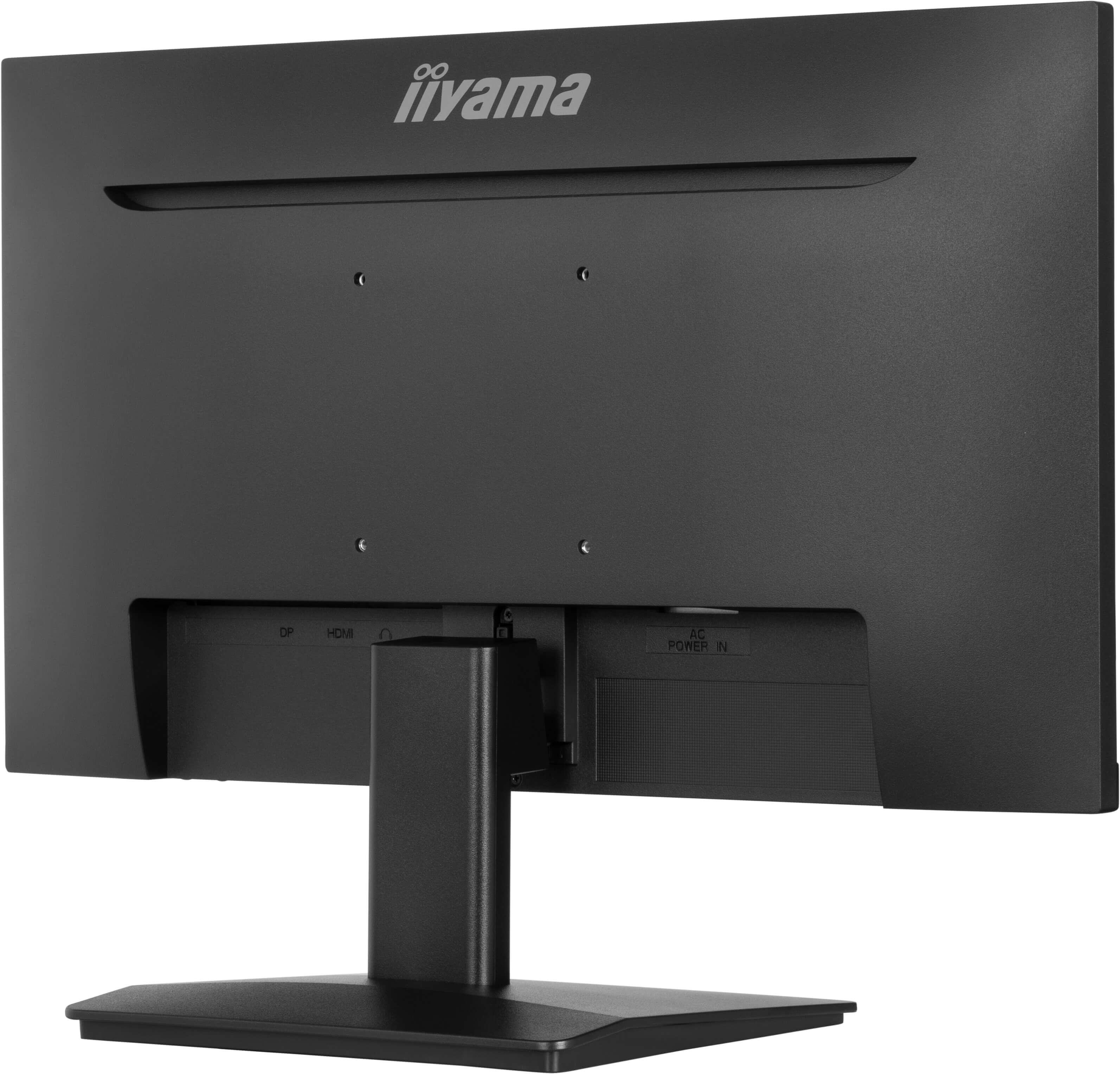 Rückansicht eines schwarzen Computermonitors mit Anschlüssen und Ständer.