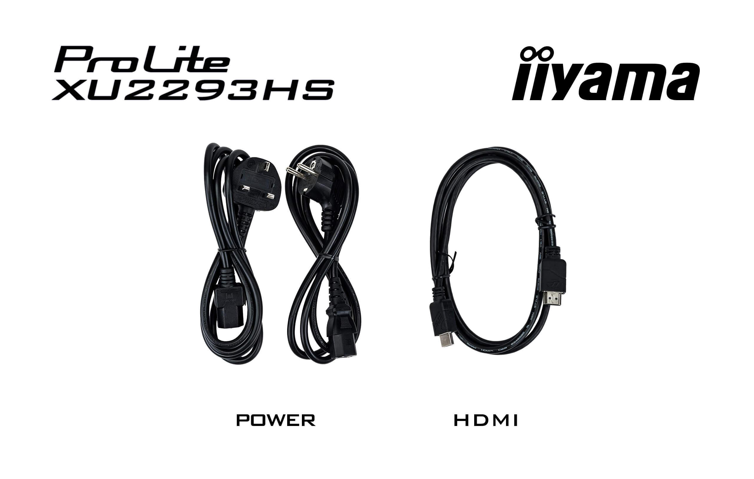 Zwei schwarze Strom- und HDMI-Kabel mit Textbeschriftungen auf weißem Grund.