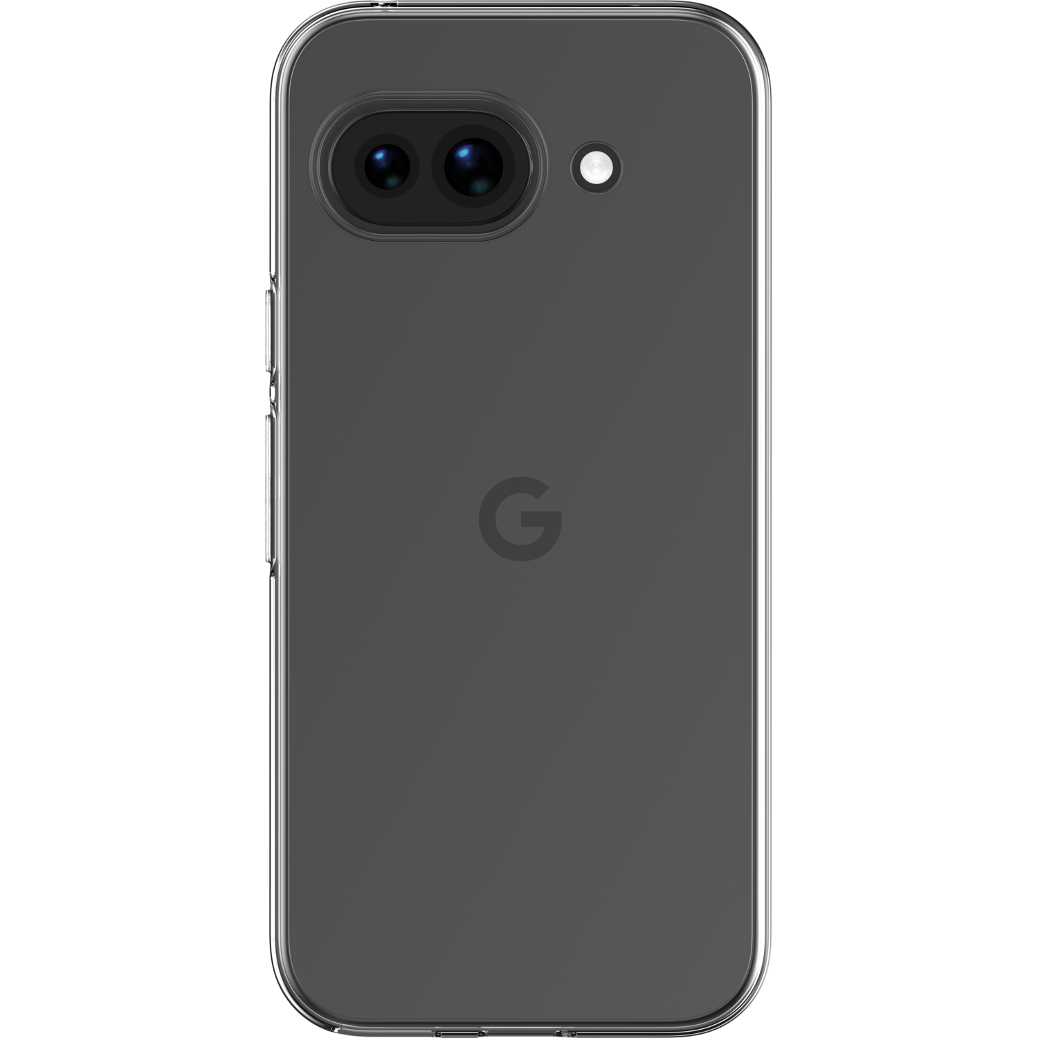 Un téléphone gris foncé avec deux objectifs d'appareil photo et un flash blanc.