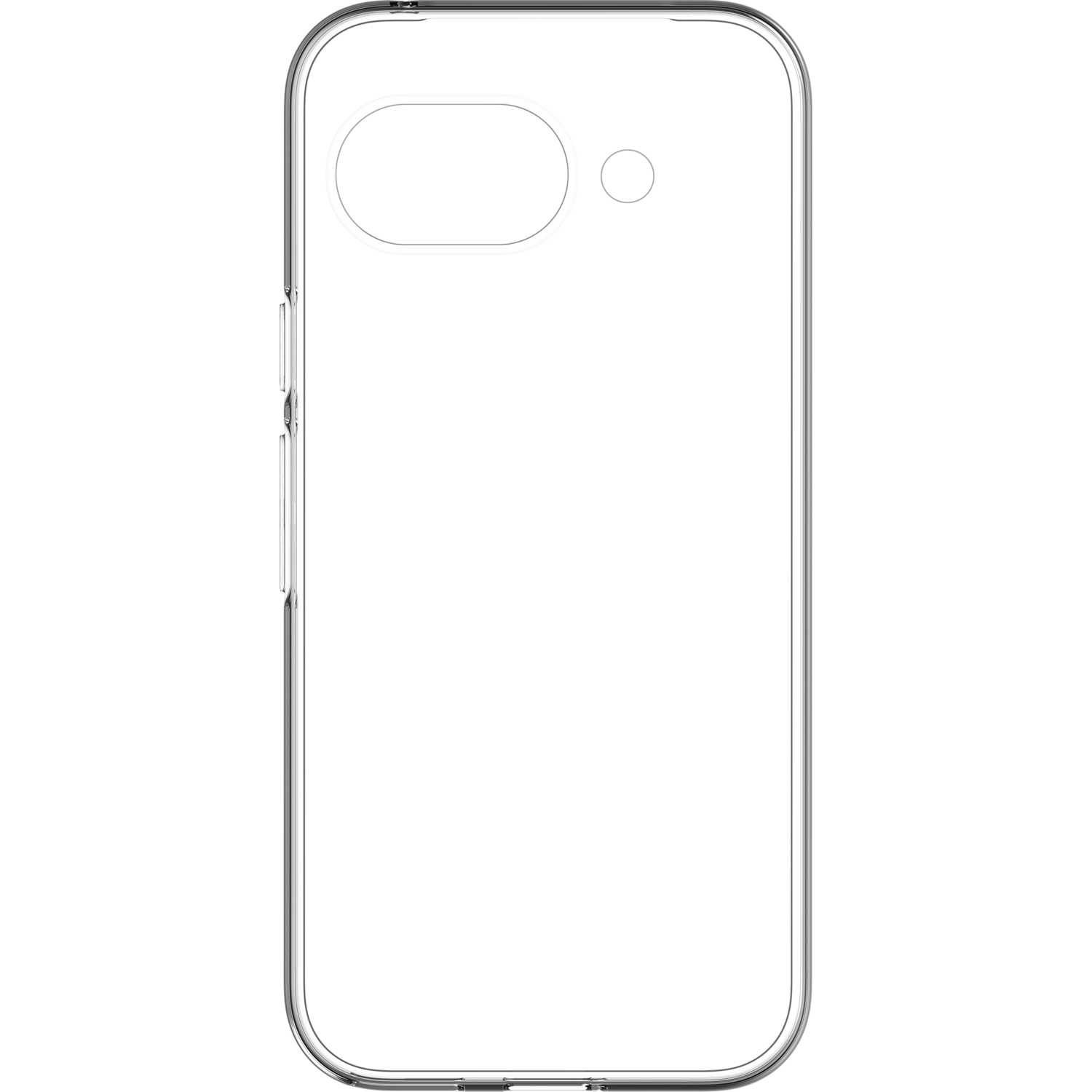 Une coque de téléphone transparente, avec trou pour la caméra et découpes pour les boutons.