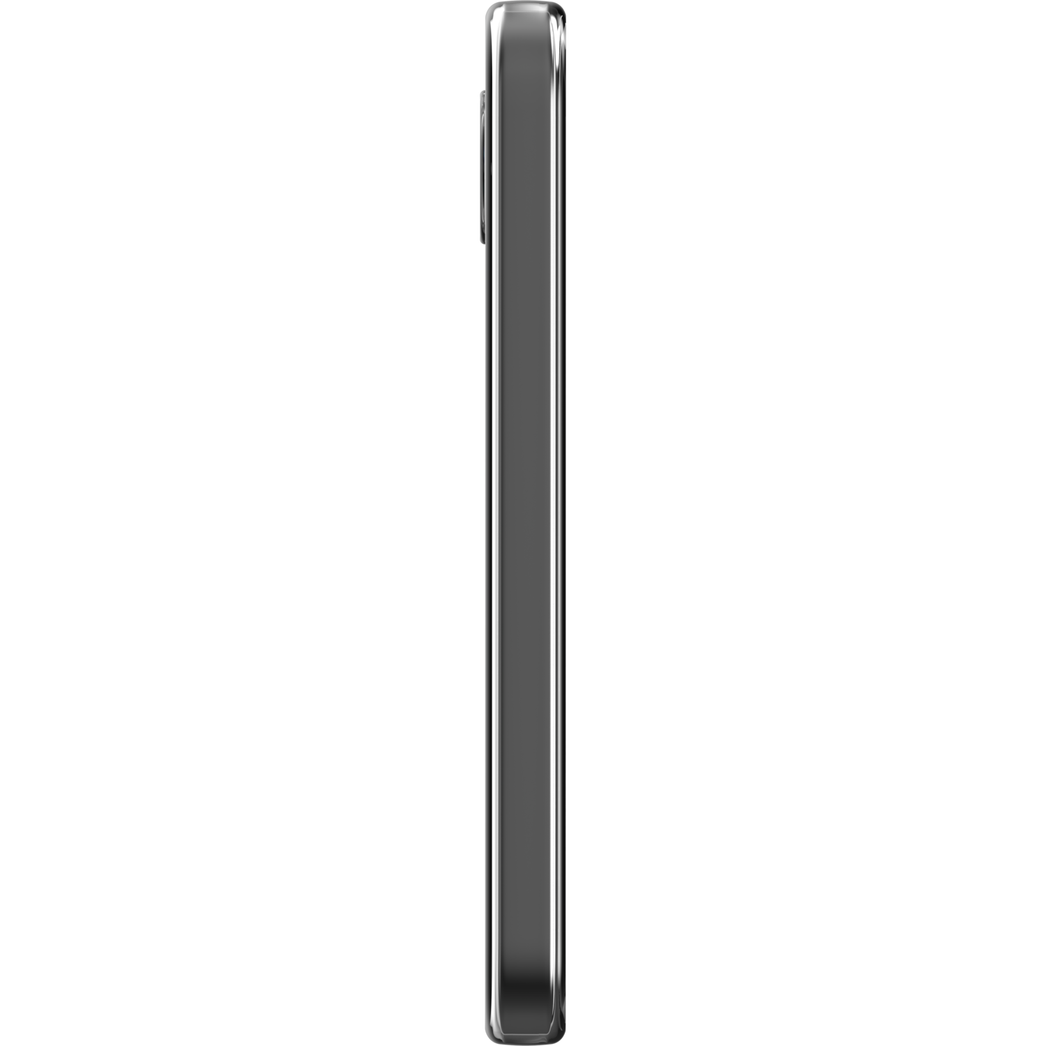 Un téléphone argenté fin sur un fond noir, vu de côté.