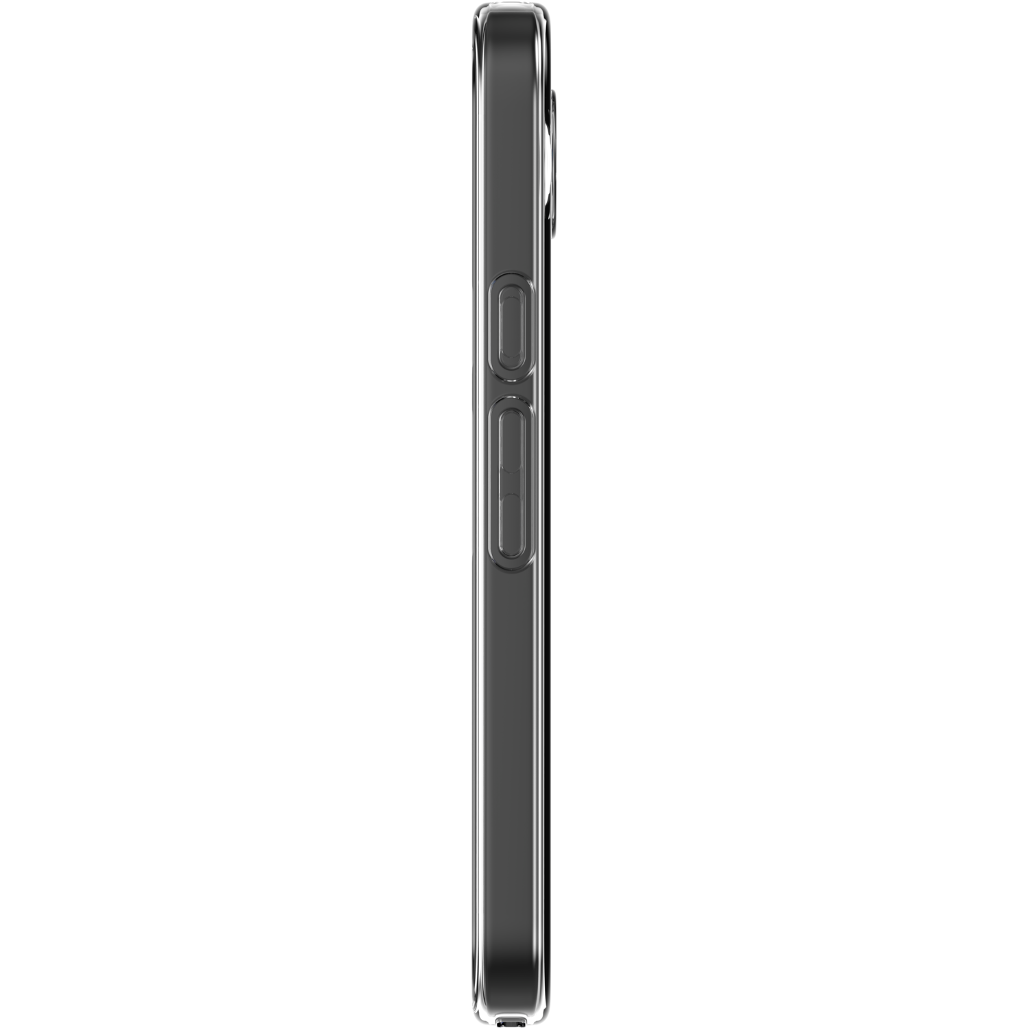 Coque de téléphone transparente, vue latérale, montrant les boutons et une surface lisse et transparente.