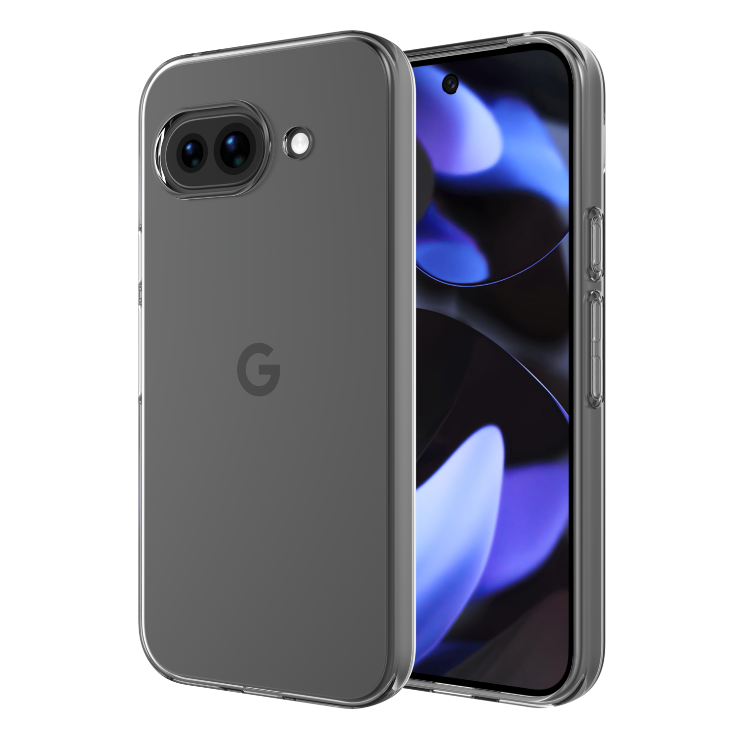 Un smartphone dans une coque de protection transparente, montrant l'arrière avec le logo Google.