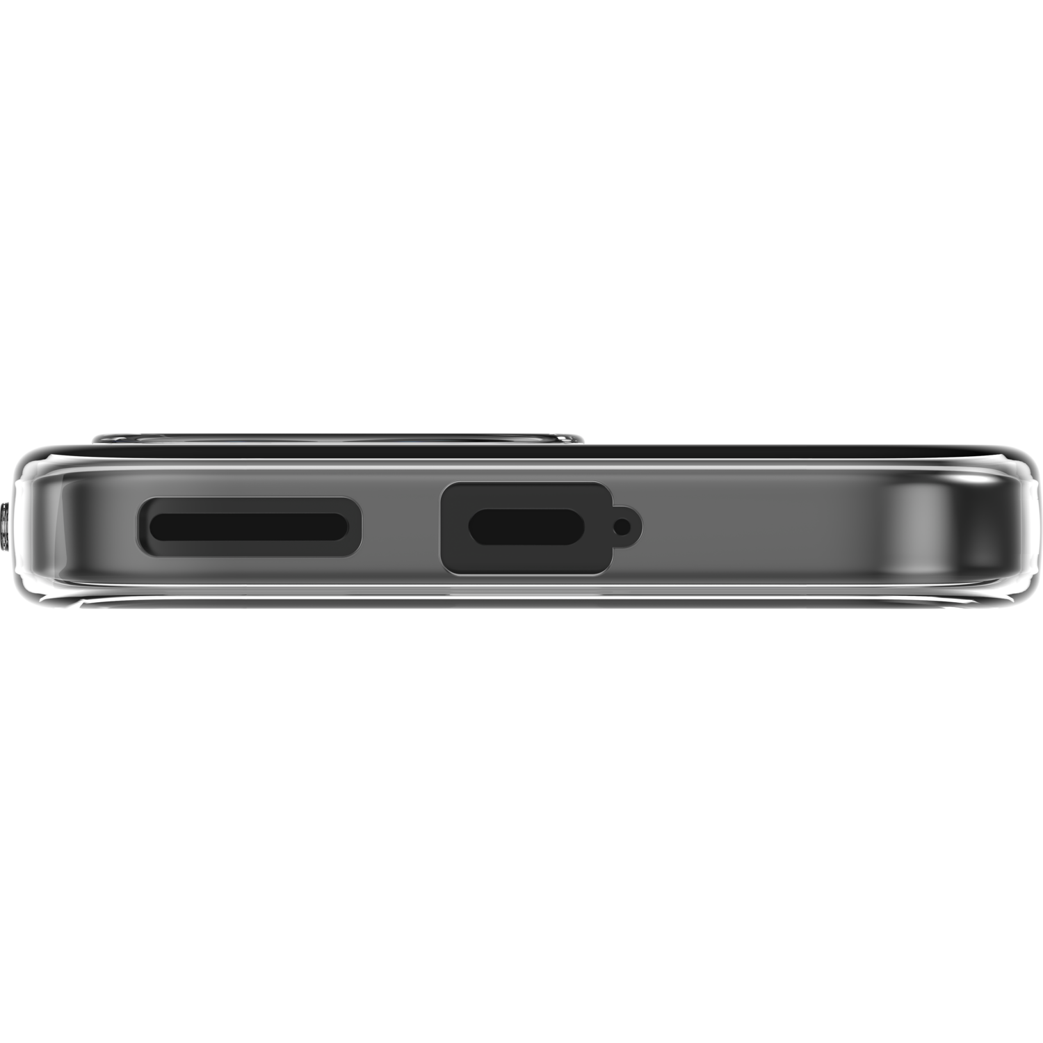 Le bas d'une coque de téléphone, avec des ports de chargement et un trou pour le microphone.