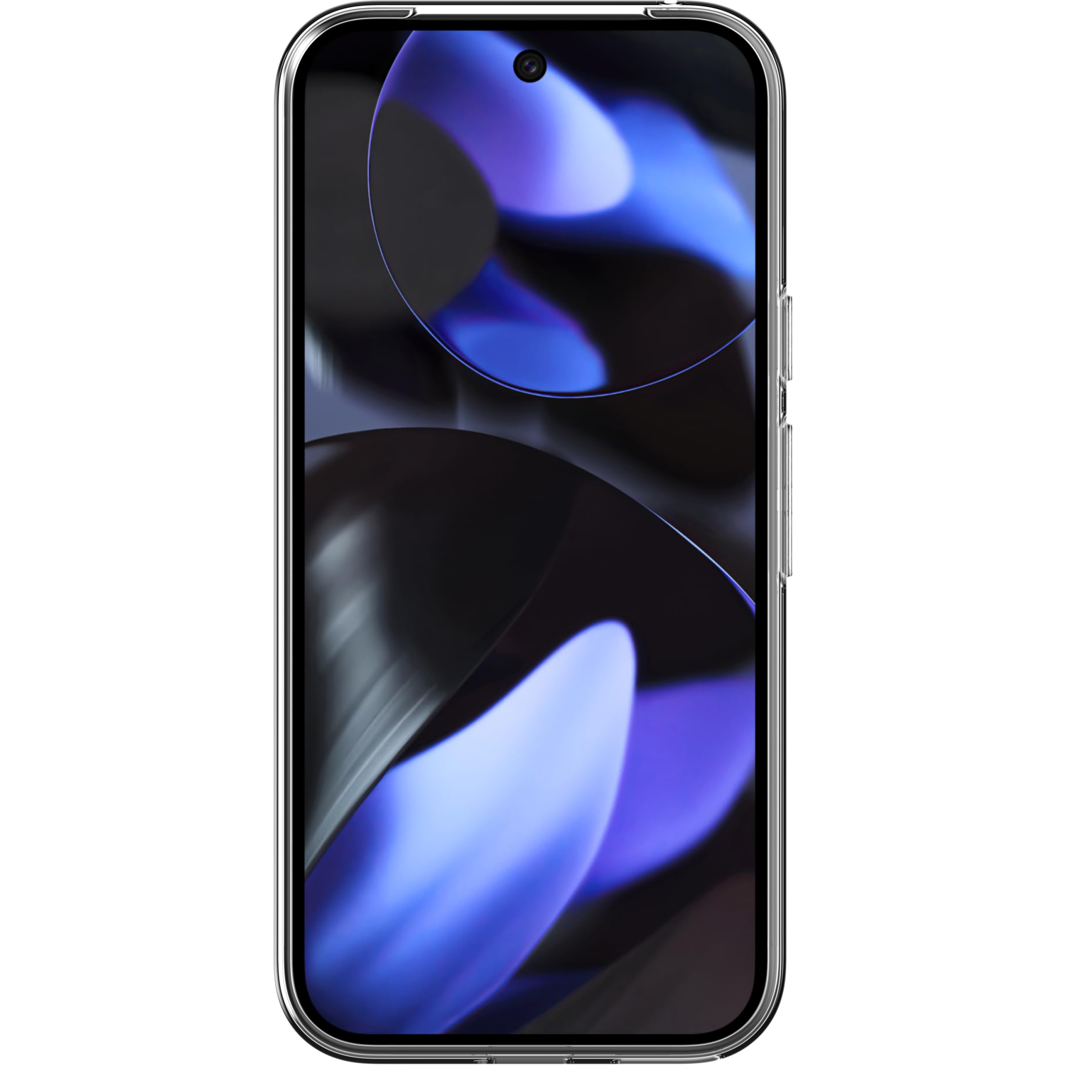 Un smartphone moderne avec un écran affichant un design abstrait bleu et violet.