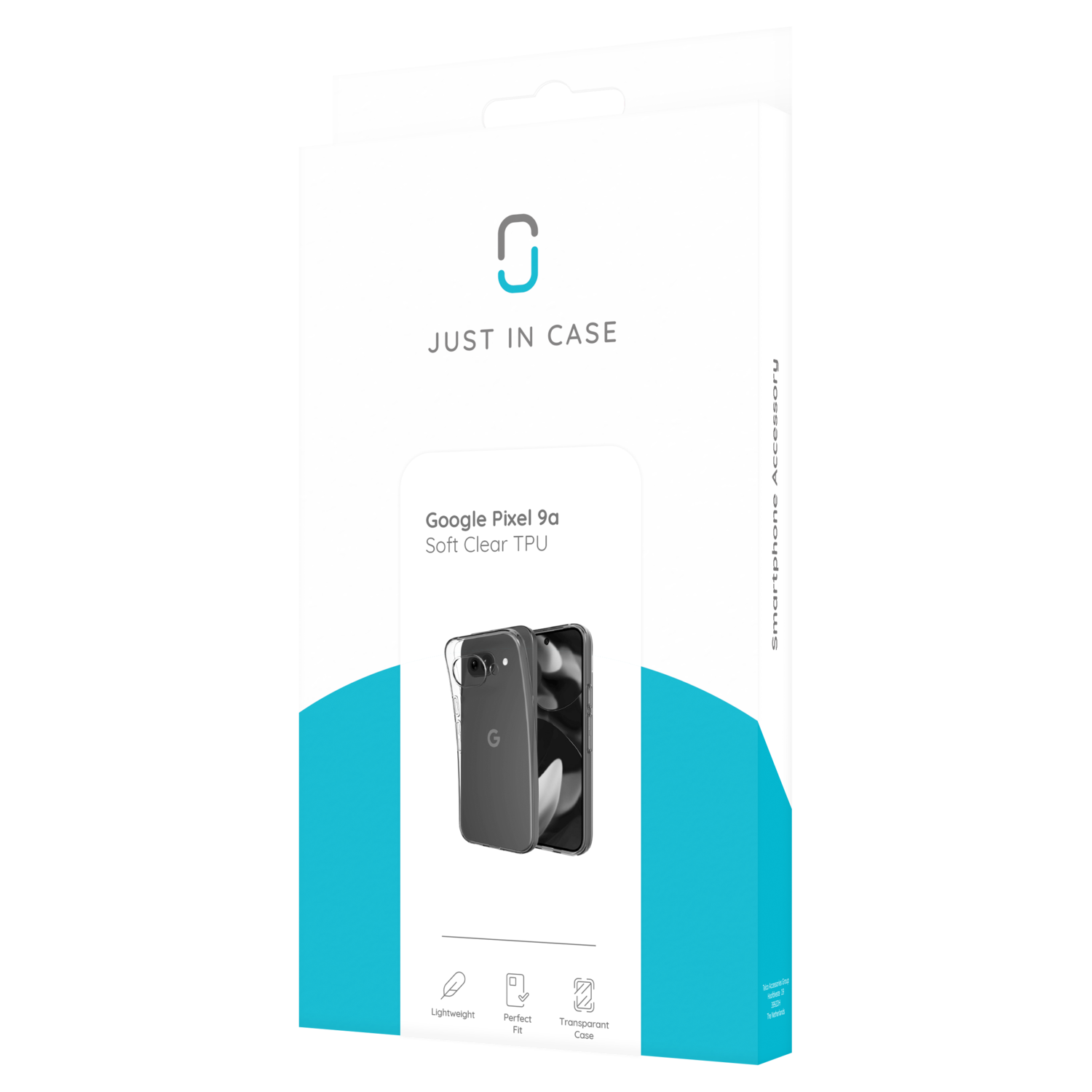 Boîte de protection de téléphone. Le texte dit 'Just in Case' et 'Google Pixel 9a'. Image de l'étui et du téléphone au milieu.