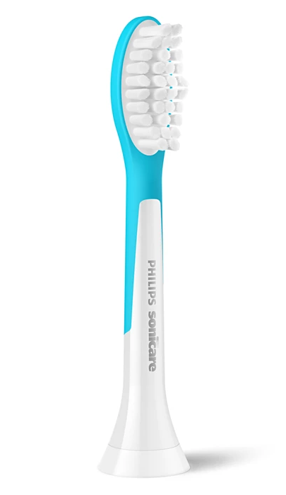 Nahaufnahme eines blau-weißen Philips Sonicare Zahnbürstenkopfes. Weiße Borsten und blauer Griff.