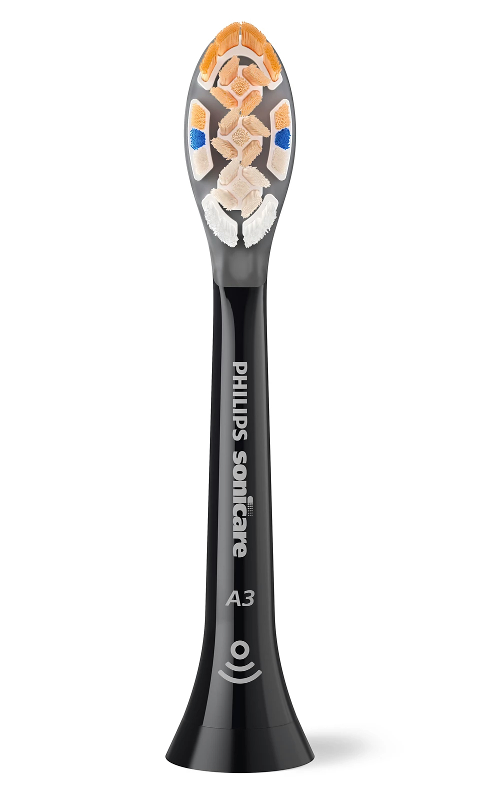 Ein Philips Sonicare Zahnbürstenkopf mit weißen, orangen und blauen Borsten.