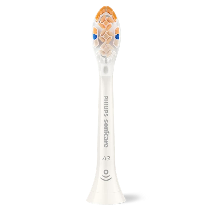 Nahaufnahme eines Philips Sonicare-Zahnbürstenkopfes. Weiß, mit orangefarbenen und blauen Borsten.
