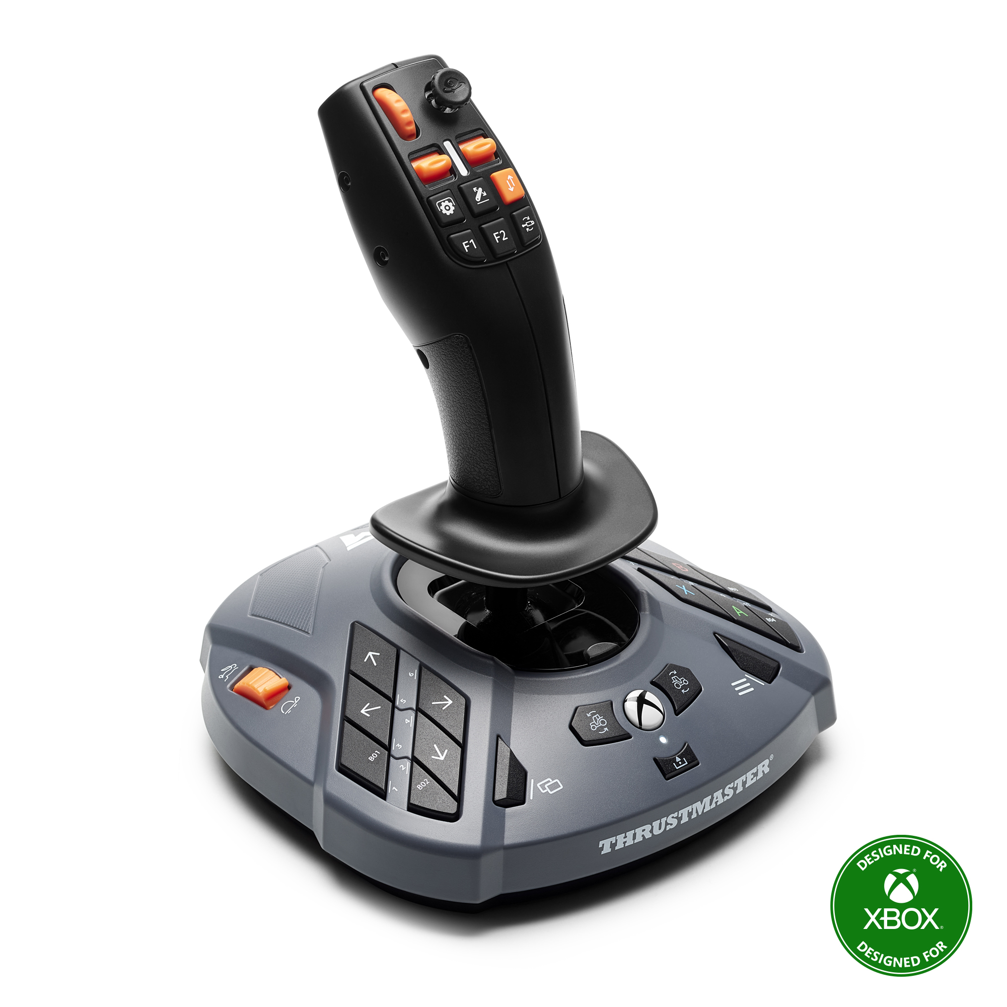 Ein grauer Joystick mit mehreren Tasten und einem orangefarbenen Akzent. Für Xbox entwickelt.