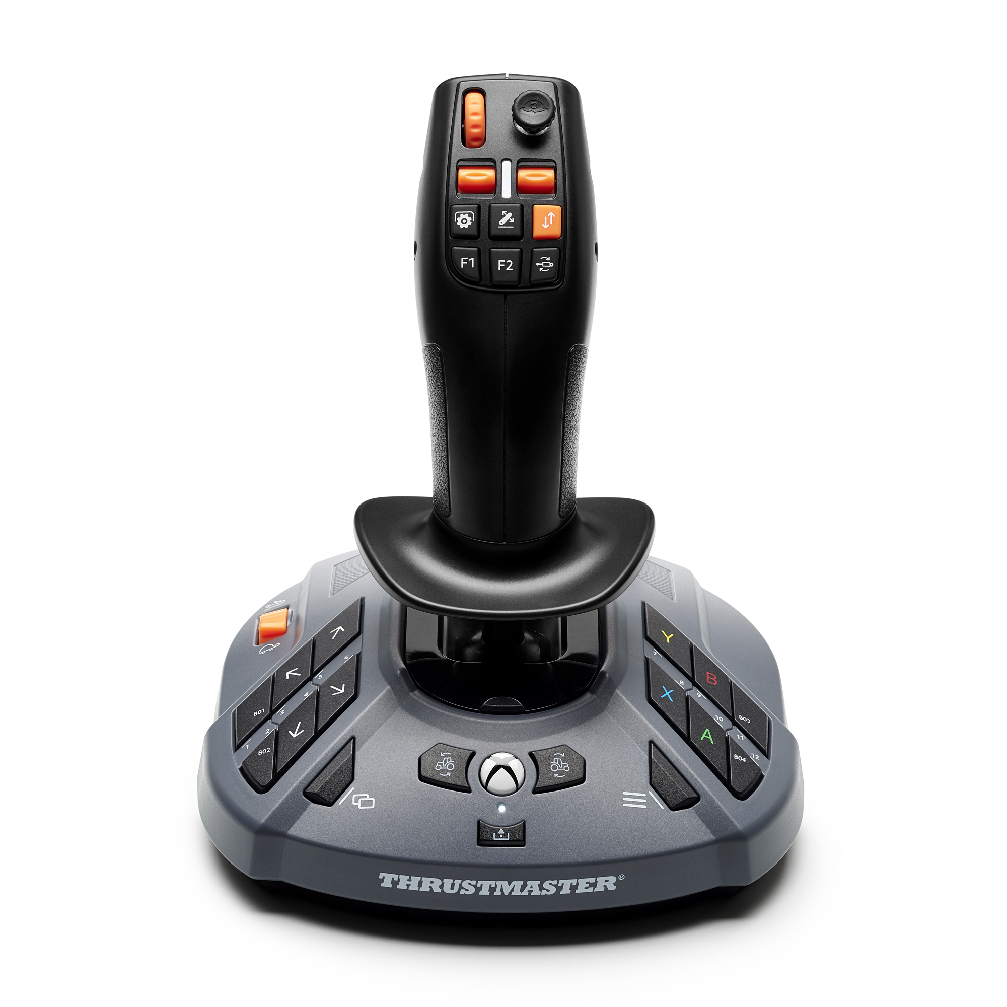 Gaming-Joystick mit Tasten und Richtungskontrollen. Thrustmaster-Logo.