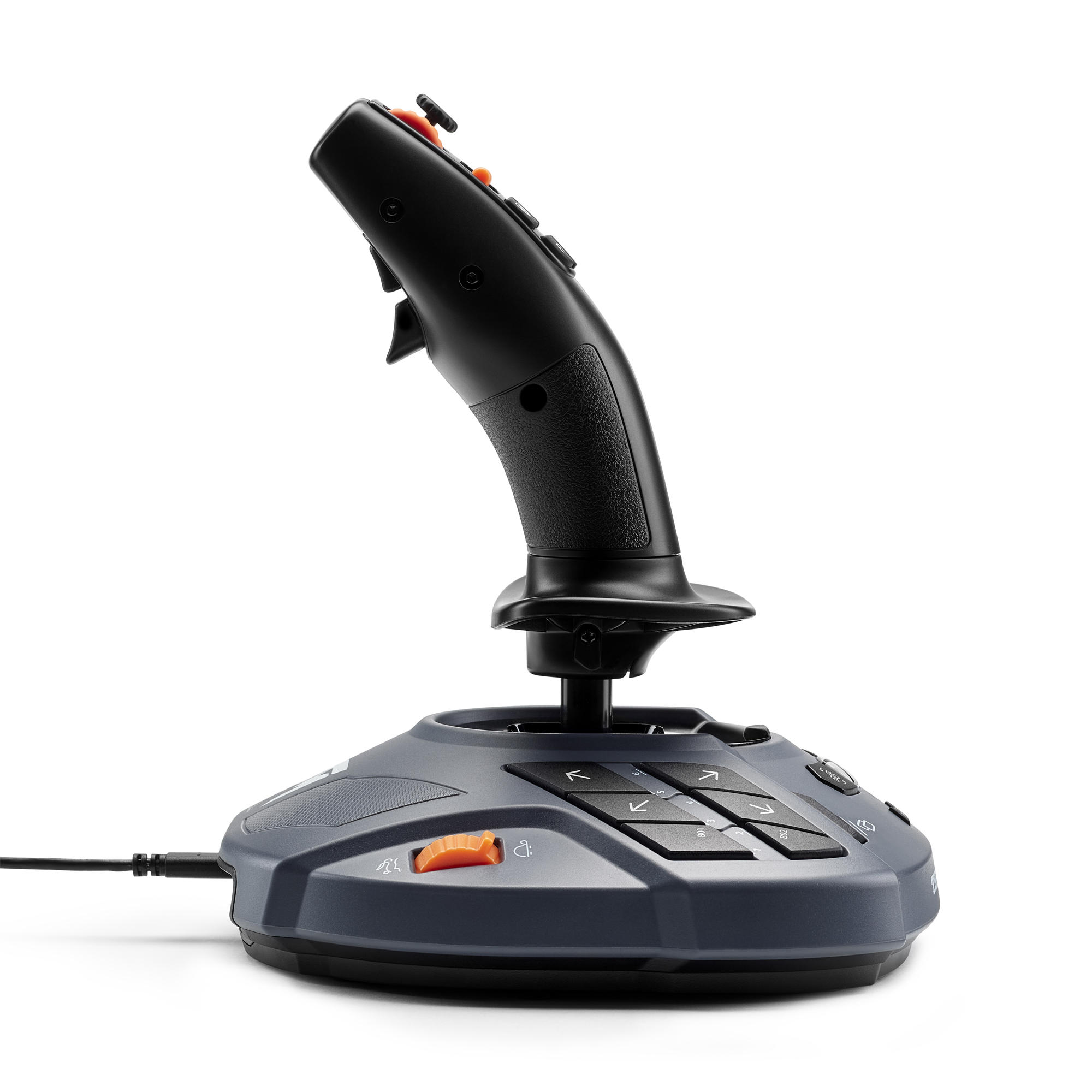 Joystick für Flugsimulator, dunkelgraue Basis, schwarzer Griff, orangefarbene Knöpfe.