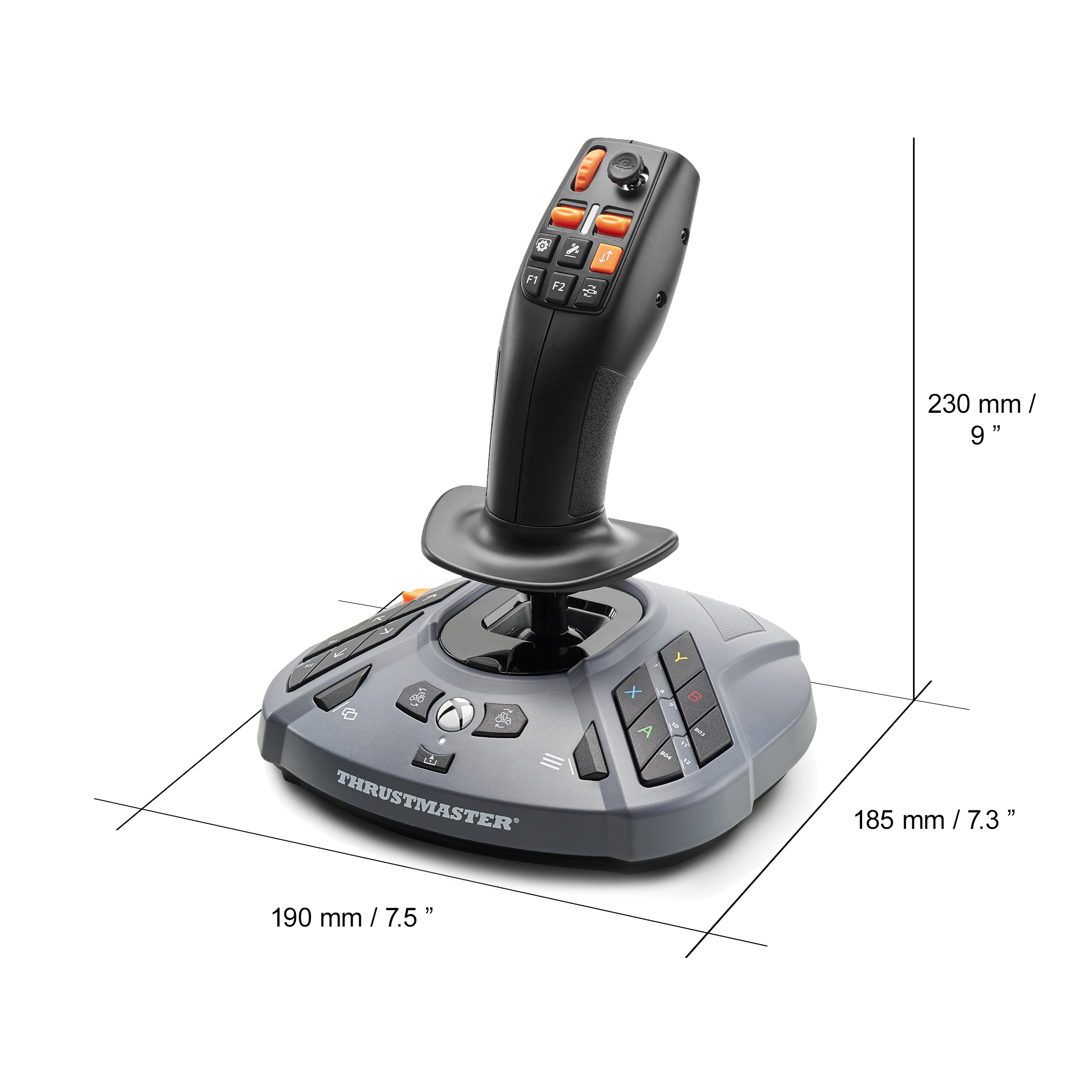 Ein grauer und schwarzer Joystick mit orangenen Knöpfen und einem schwarzen Griff. Abmessungen sind angegeben.