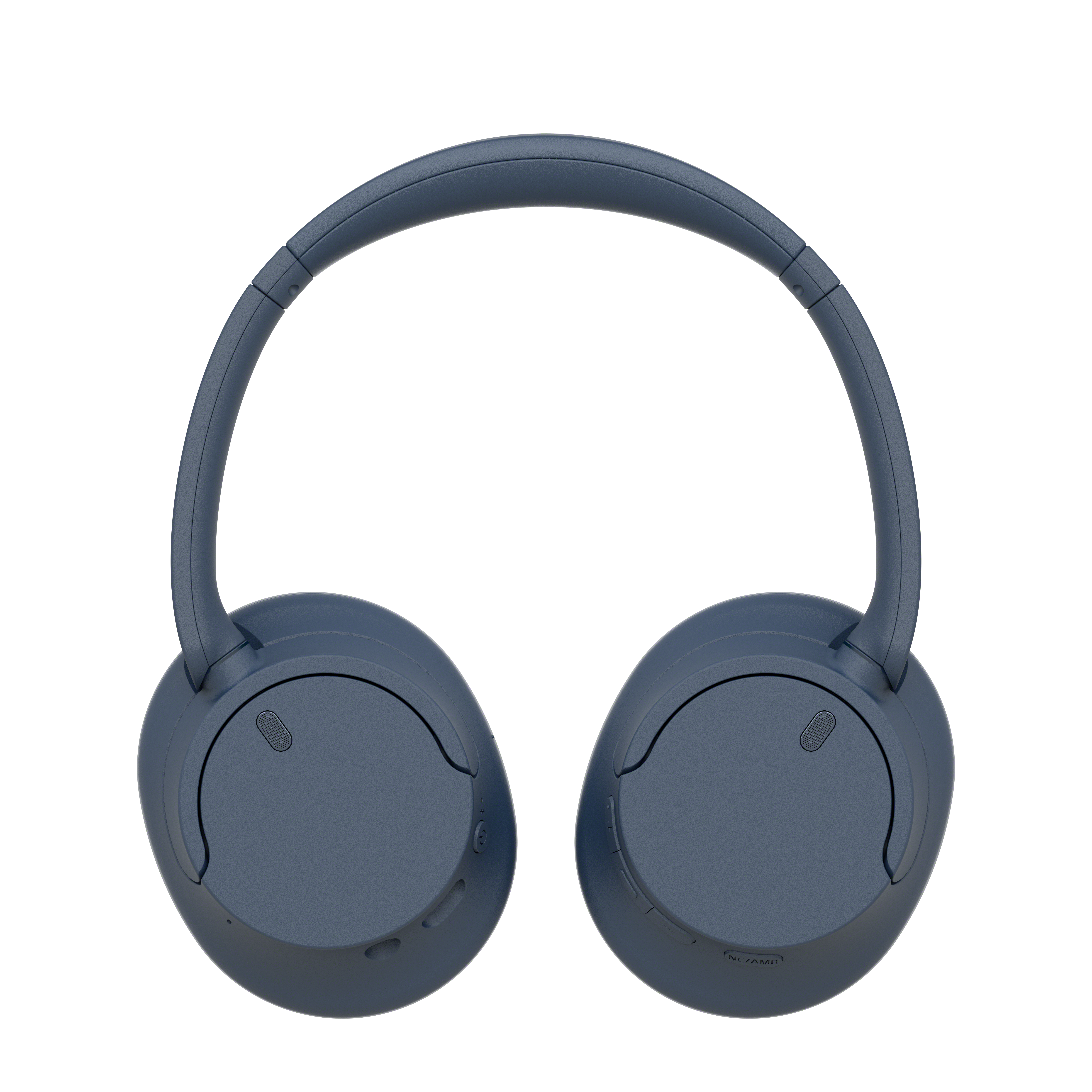 Casque circum-auriculaire bleu sur fond blanc. Design simple, mise au point claire.