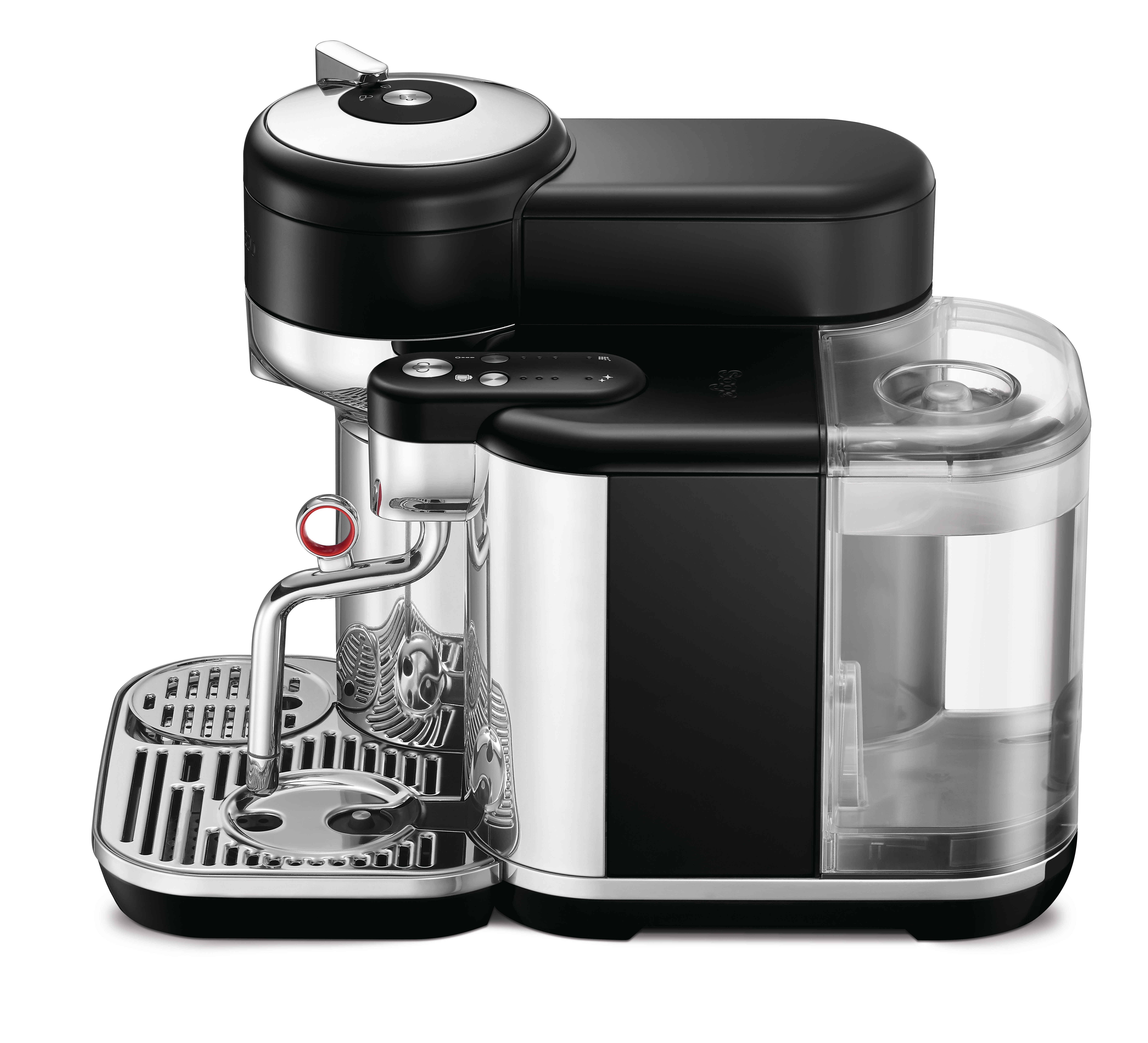 Schwarze und silberne Nespresso-Kaffeemaschine mit einem Wassertank an der Seite.