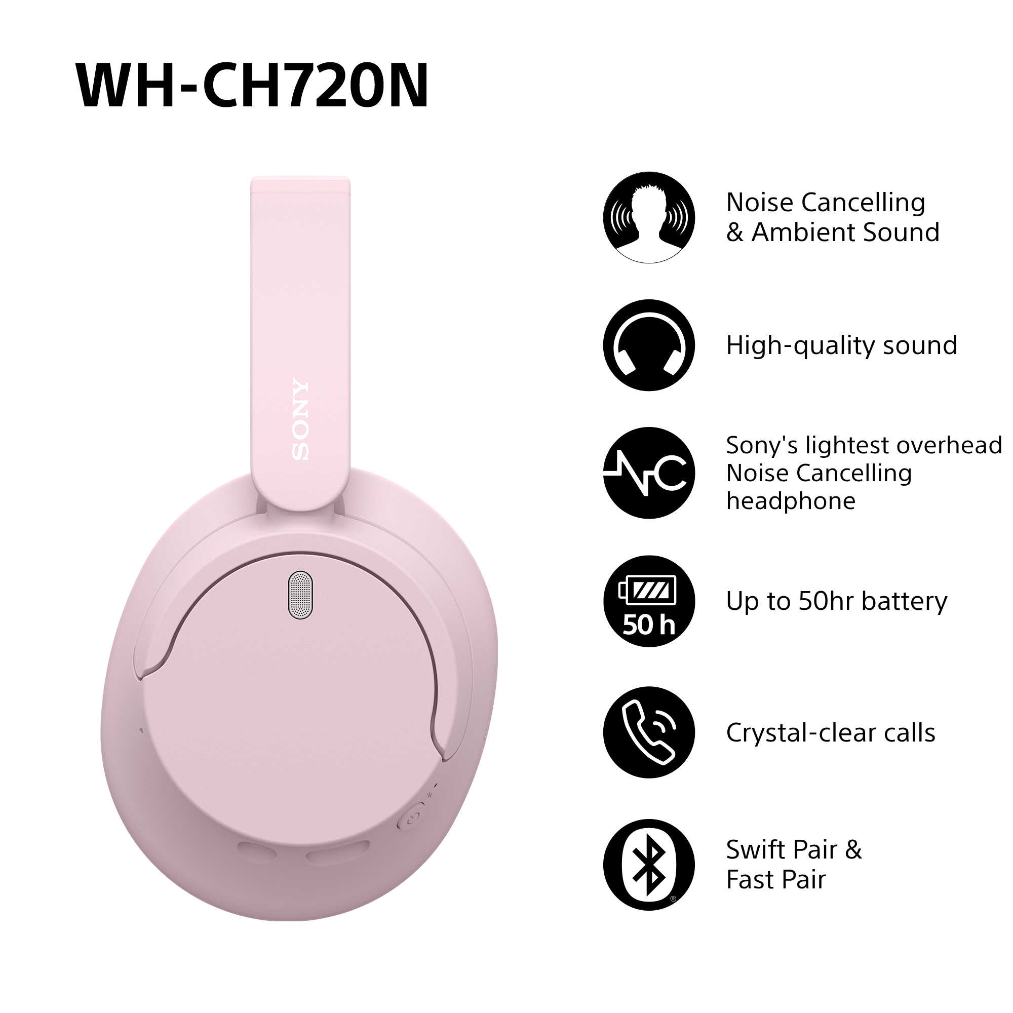 Hellrosa Sony WH-CH720N Kopfhörer mit Symbolen für Funktionen wie Geräuschunterdrückung und Akkulaufzeit.