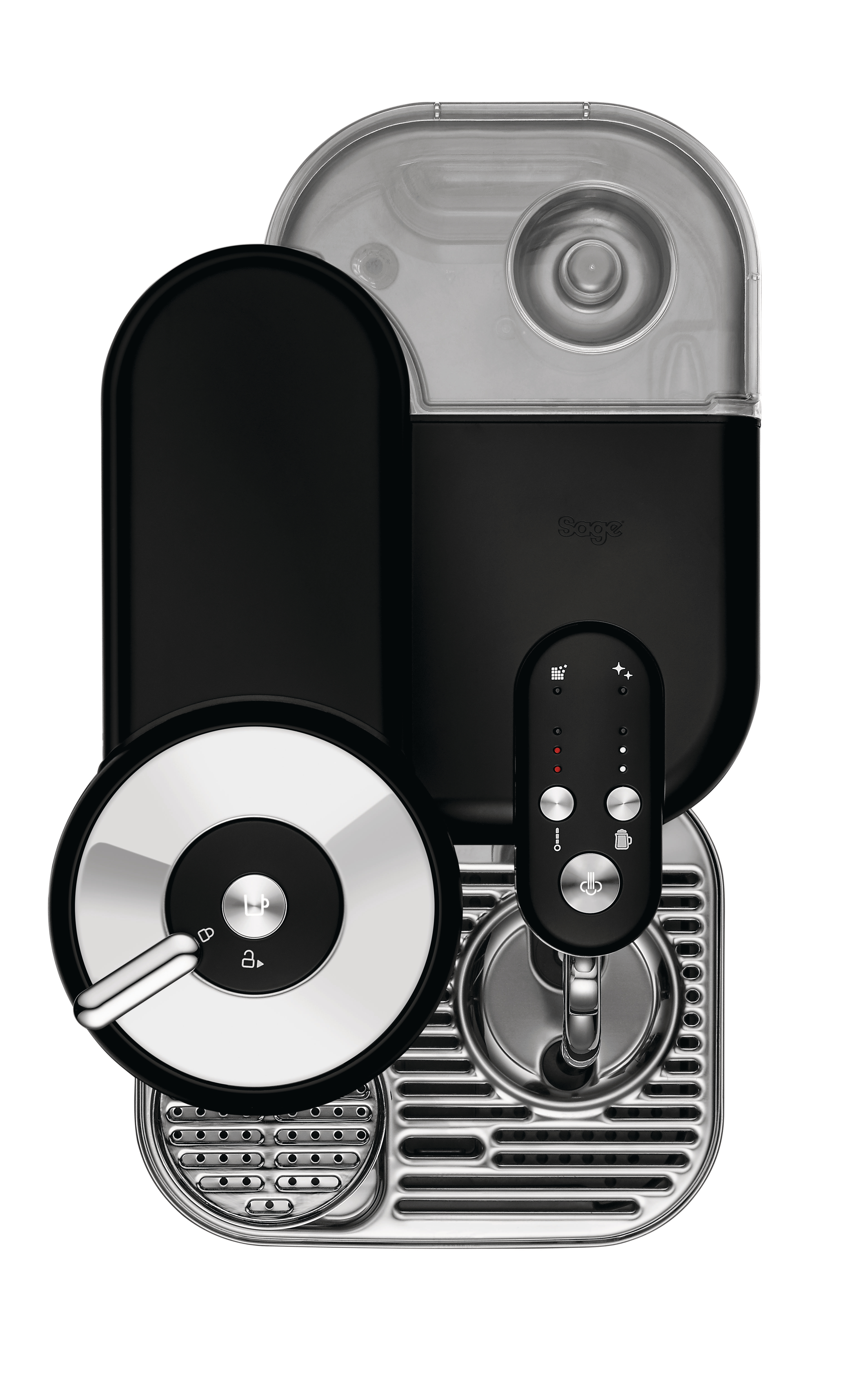 Eine schwarz-silberne Kaffeemaschine mit detaillierten Elementen.