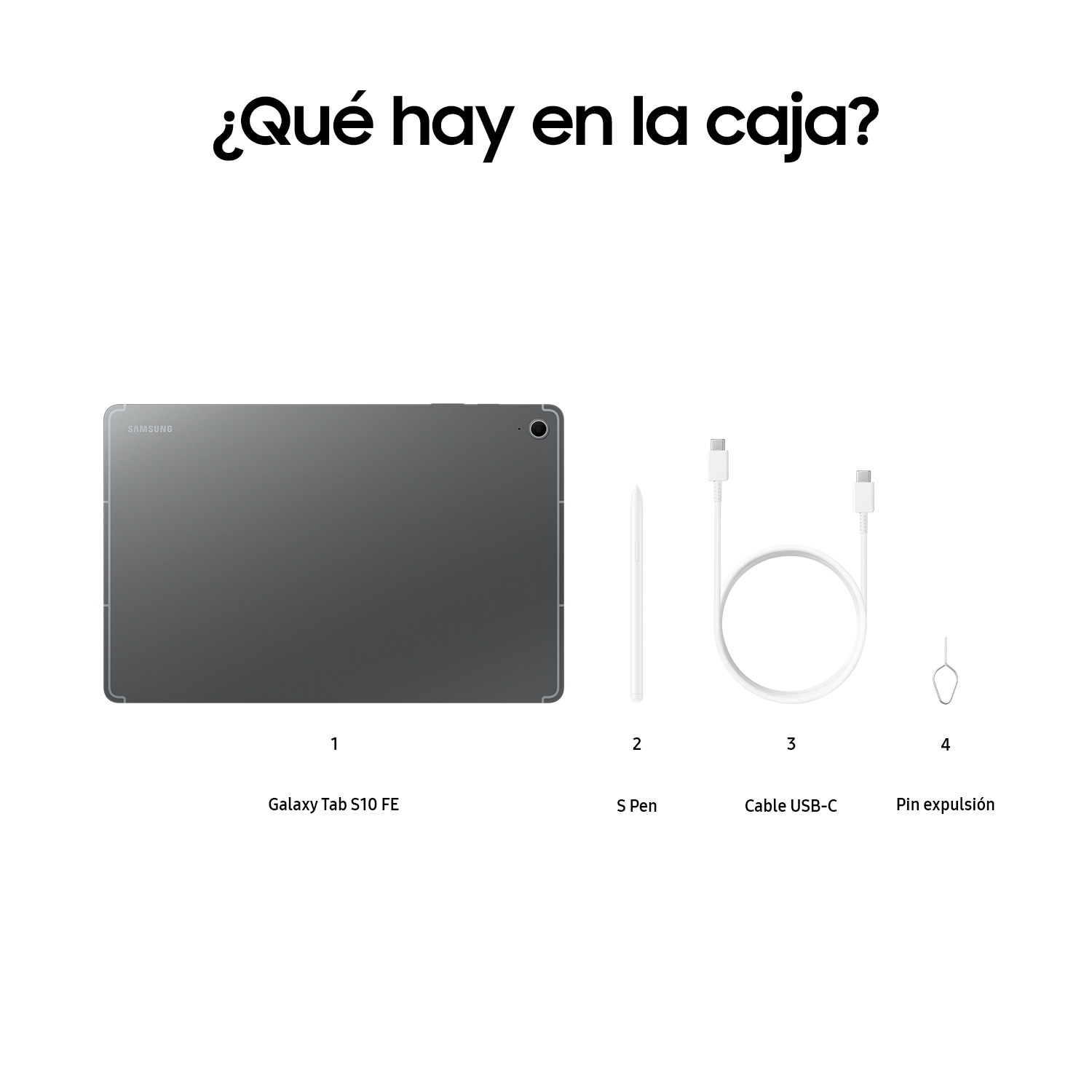 Una tableta y accesorios: lápiz, cable y pin, con texto '¿Qué hay en la caja?'.