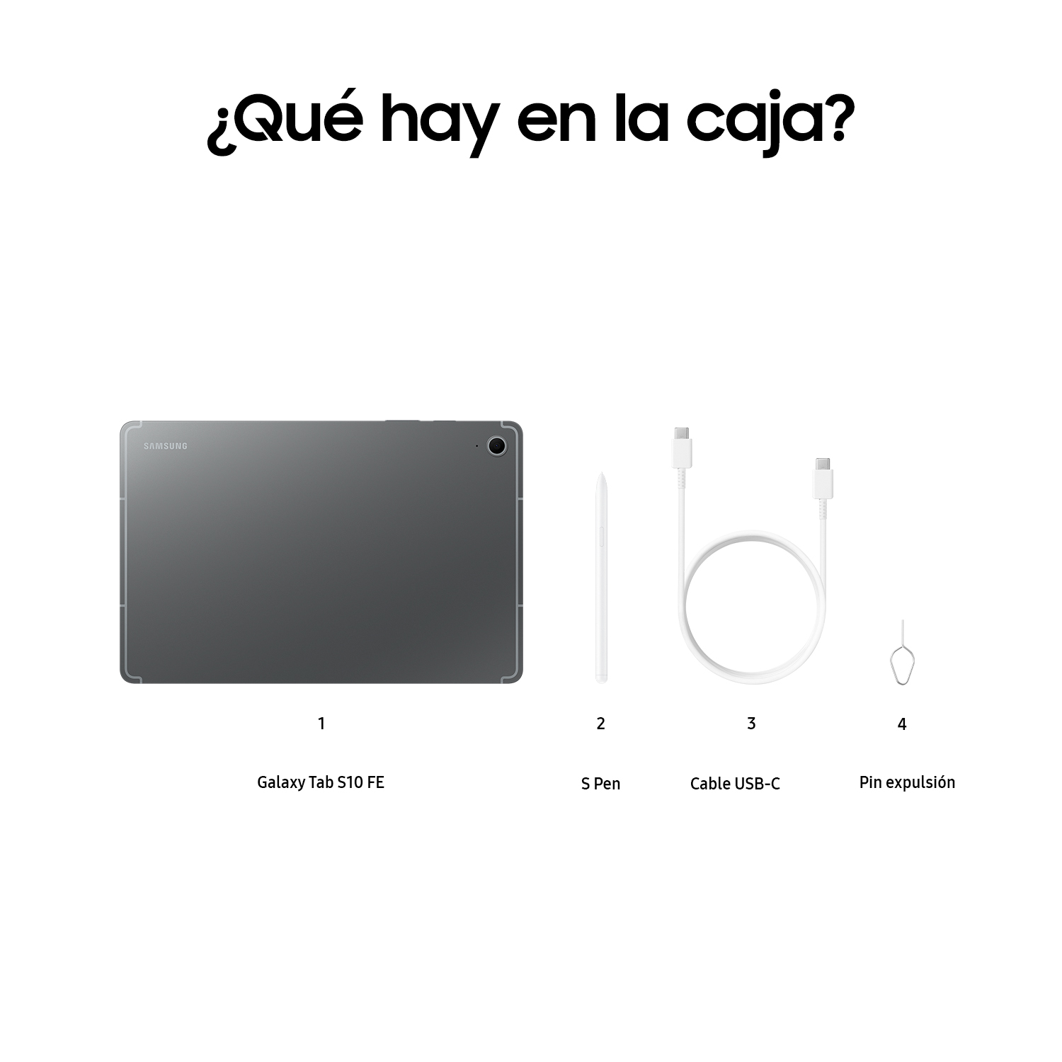 Tableta, lápiz, cable USB-C y pasador de expulsión de SIM. Todos los elementos están sobre una superficie blanca.