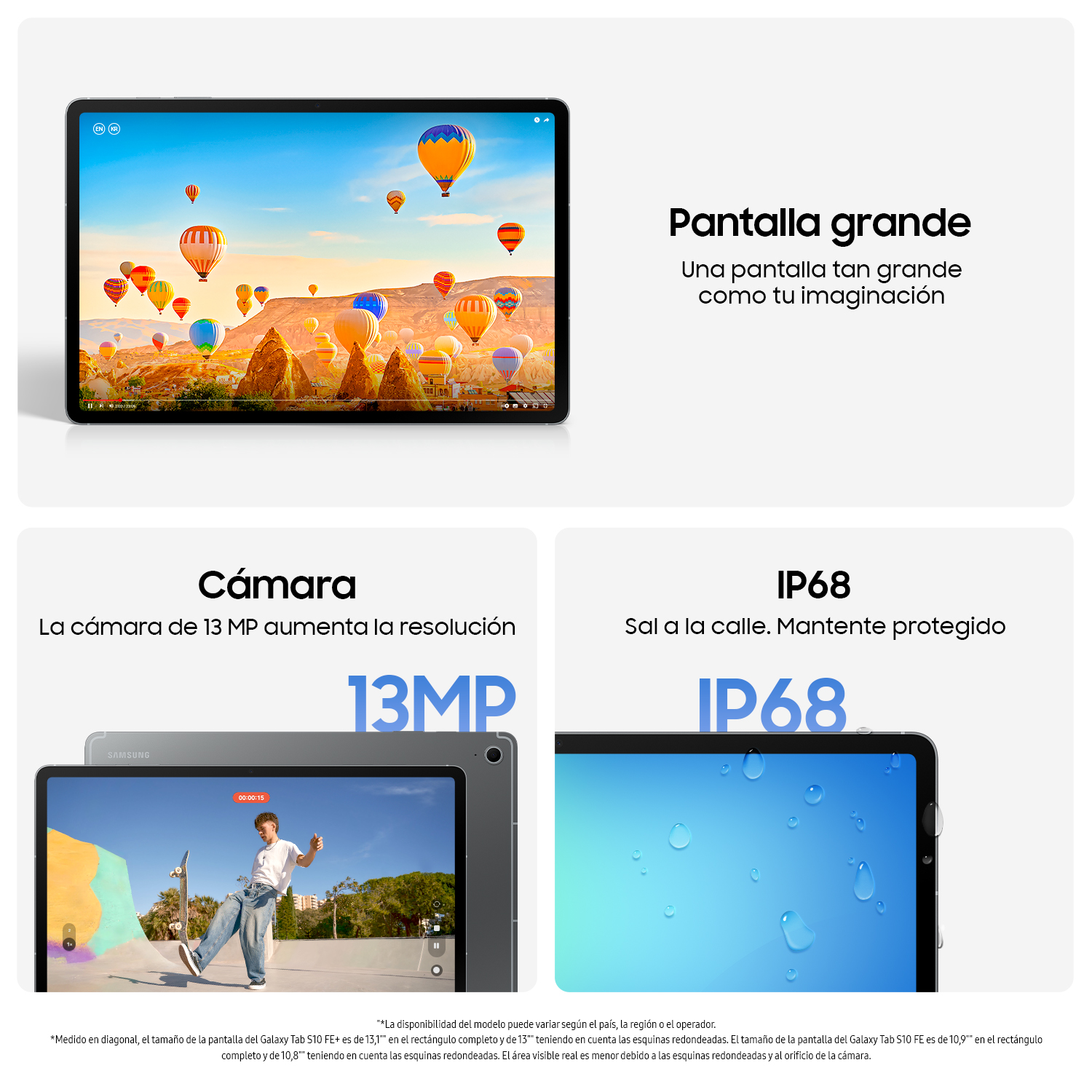 Tableta mostrando escena de paisaje, texto sobre cámara e IP68.