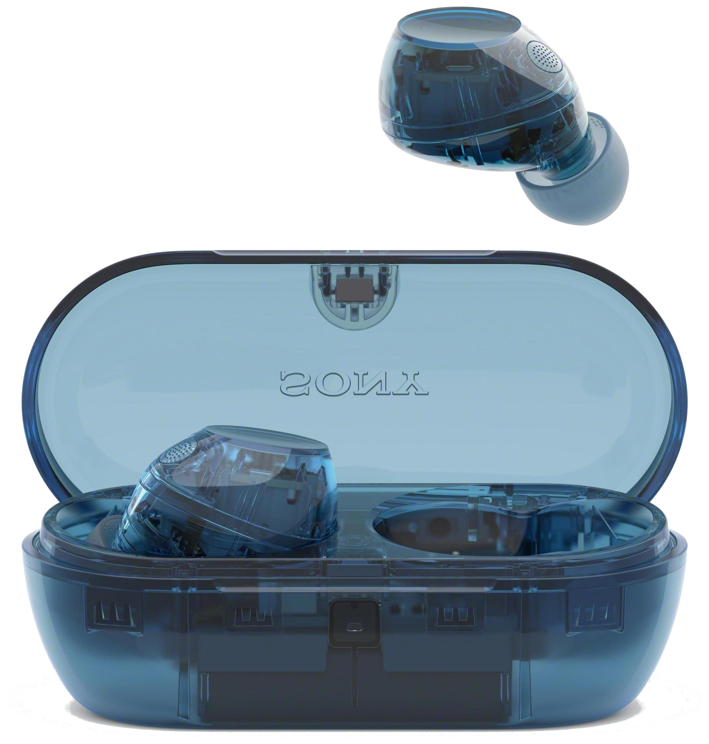 Przezroczyste niebieskie słuchawki bezprzewodowe w etui, jeden oddzielony powyżej.